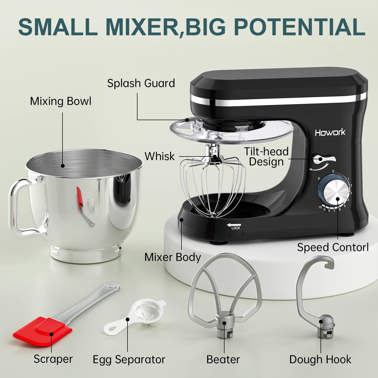 HOWORK 6.5QT Stand Mixer - 10+ Speed Electric Kitchen Mixer with Stainless Steel Bowl, Dough Hook, Wire Whip & Beater - Perfect for Baking Cakes, Cookies, Bread & Dough - Ideal for Home Bakers & Cooking Enthusiasts