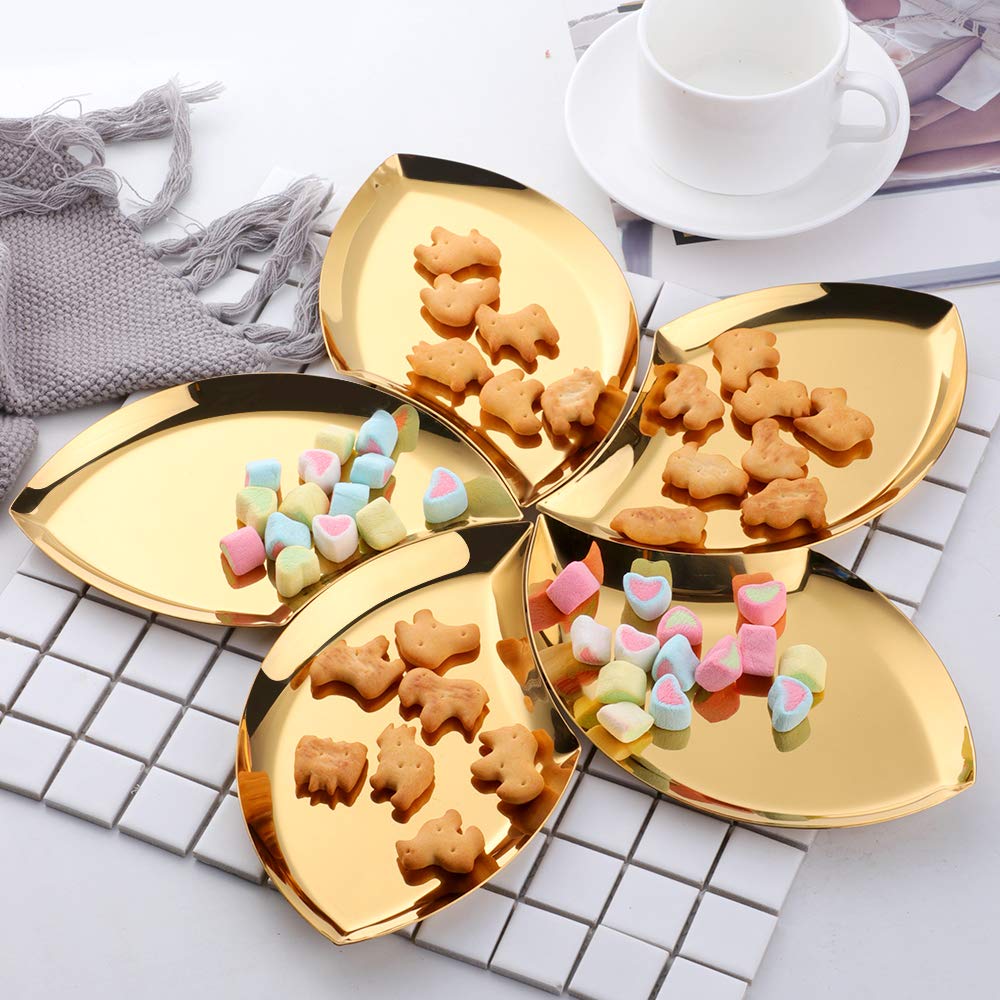 Stainless Steel Party Plates Set of 5 - 7.09 Inch Elegant Gold Fruit & Dessert Plates for Birthday, Wedding, Baby Shower & Holiday Gatherings - Perfect Gift Idea for Home & Kitchen