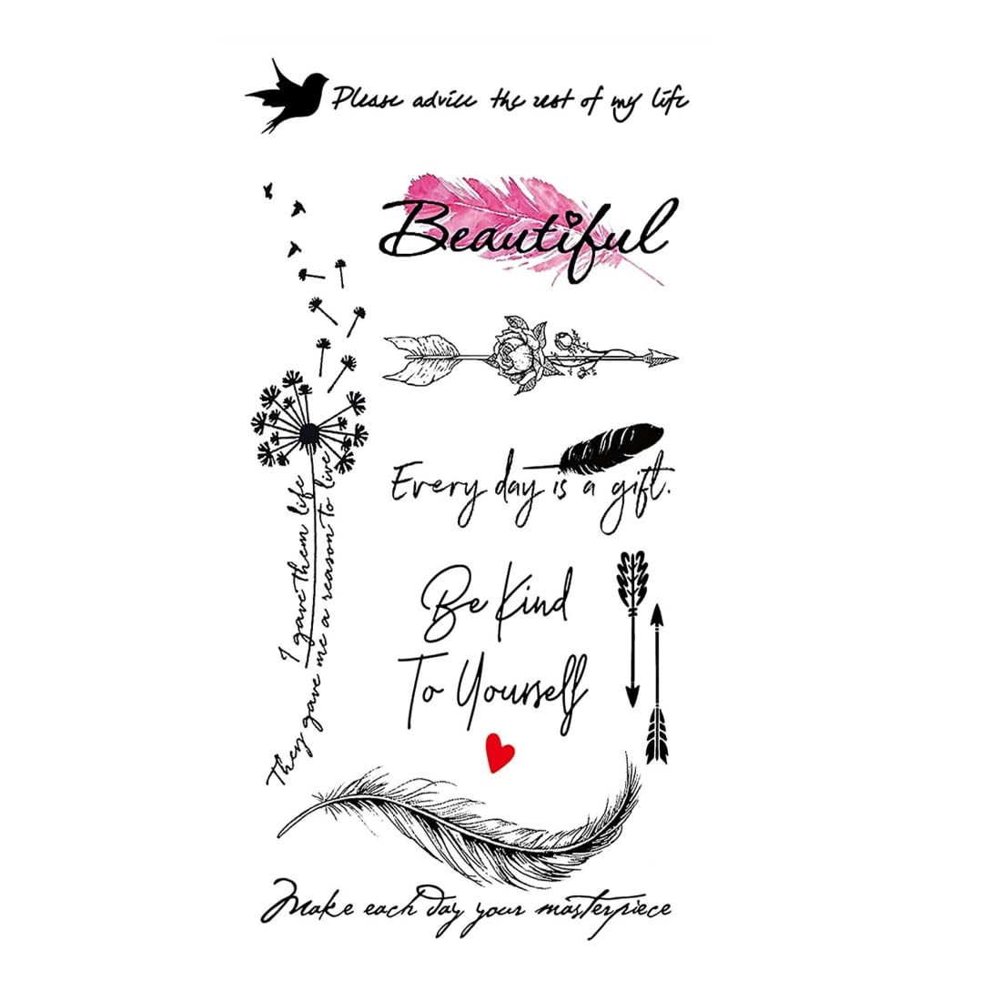 Inspiring Quote & Feather Bird Temporary Tattoos for Men & Women - Waterproof Fake Tattoos for Parties, Festivals & Body Art