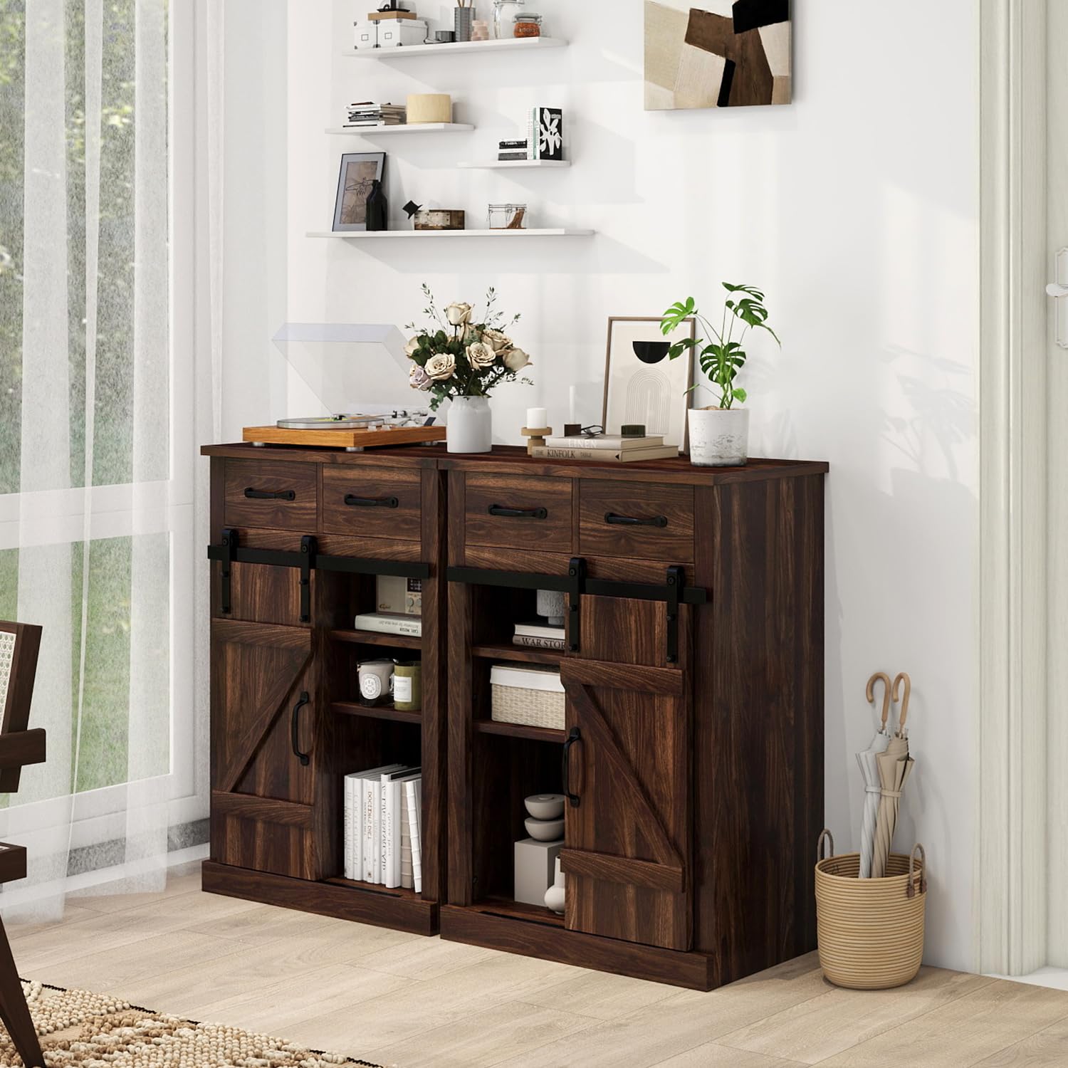 Farmhouse Storage Cabinet - Modern Buffet Sideboard with 2 Drawers & Barn Door, Freestanding Kitchen Pantry & Coffee Bar Cabinet for Dining Room, Living Room, Bathroom, Entryway - Perfect for Rustic Home Decor & Small Space Organization (Brown)