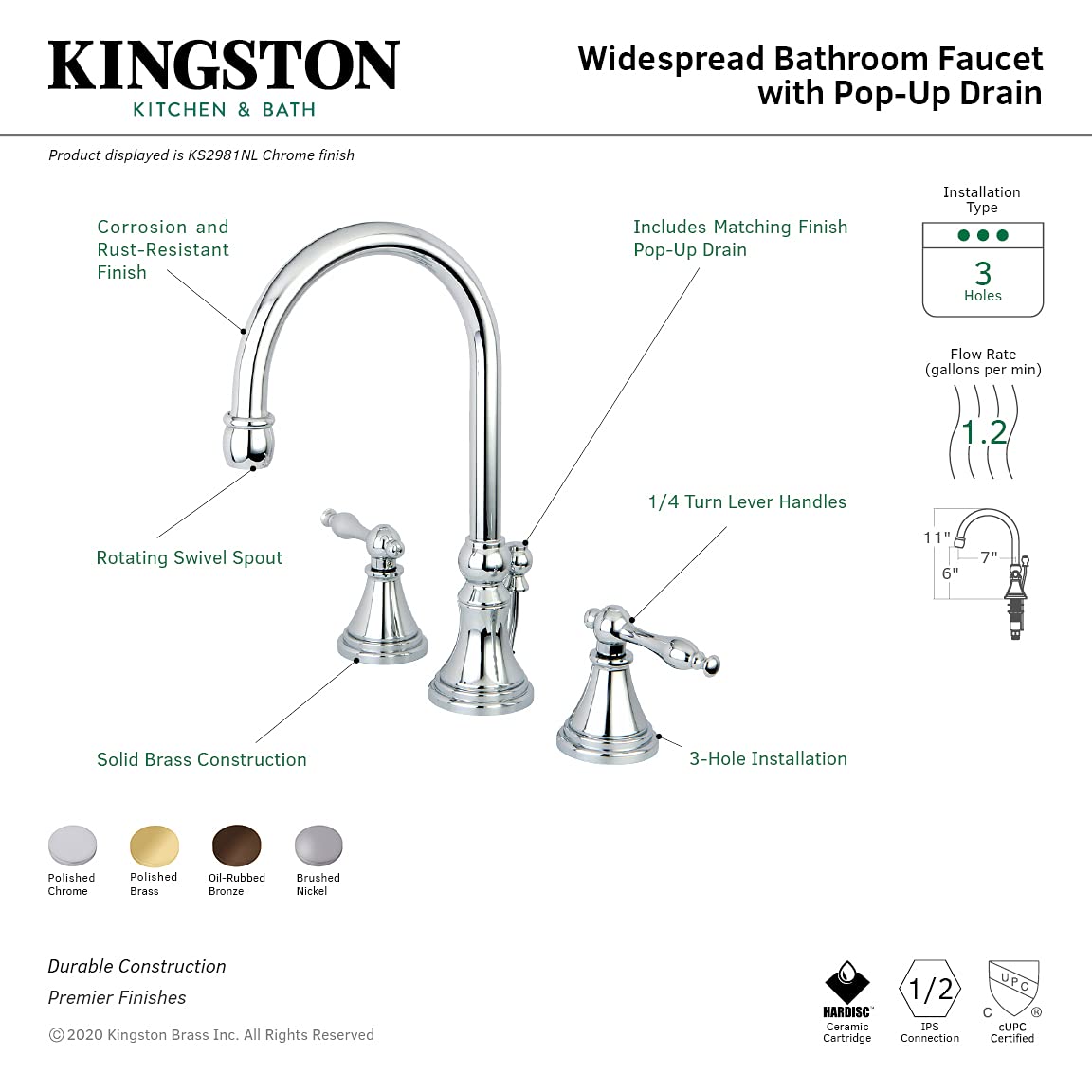 Kingston Brass KS2988NL Governor Widespread Bathroom Faucet with Brass Pop-Up Drain and Metal Lever Handle - Brushed Nickel Finish for Bathroom Sink Vanity and Powder Room