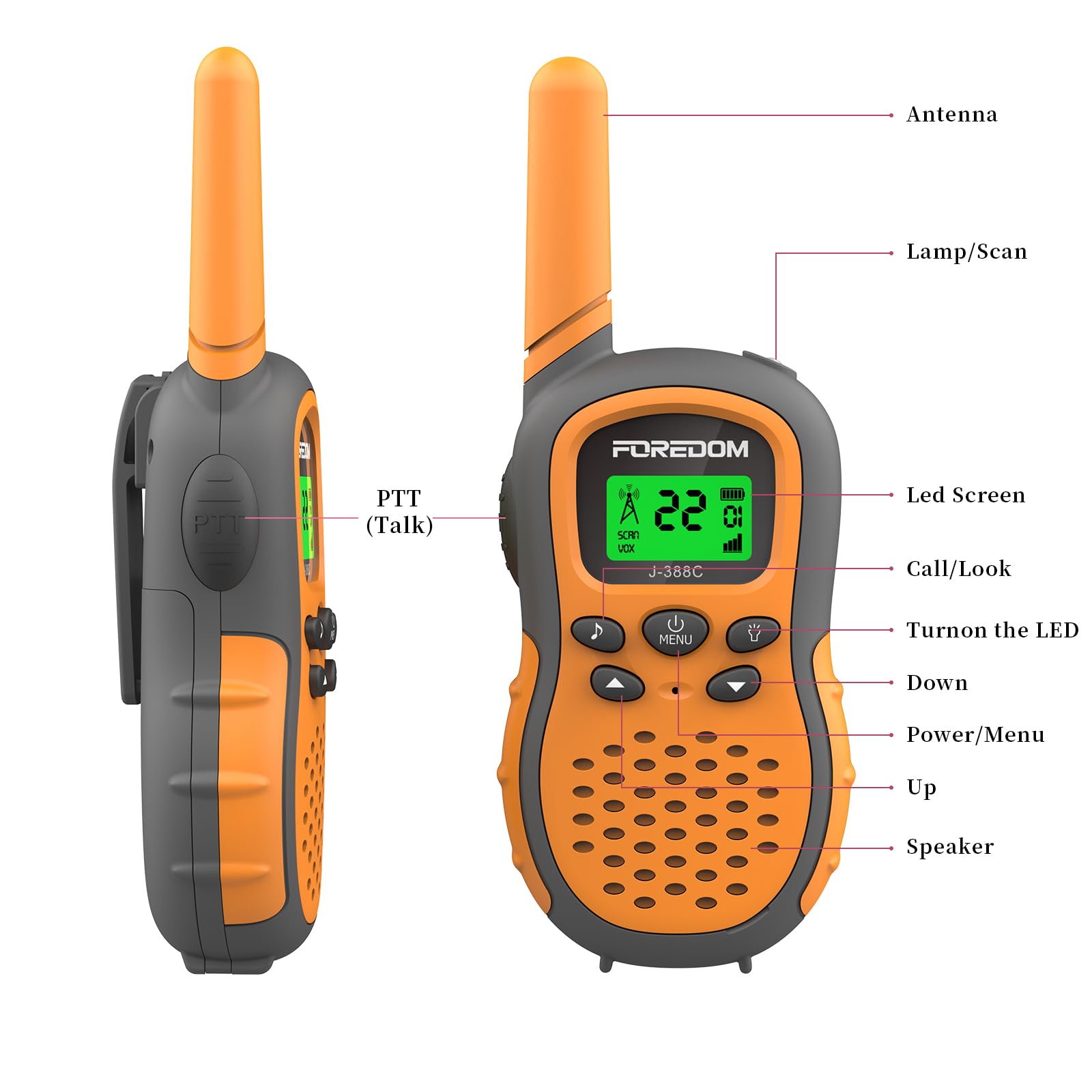J388C Kids Walkie Talkies 2 Pack - Long Range Communication, Built-in Flashlight, Durable & Easy to Use - Perfect for Outdoor Adventures, Camping, Hiking, and Family Activities (Orange)