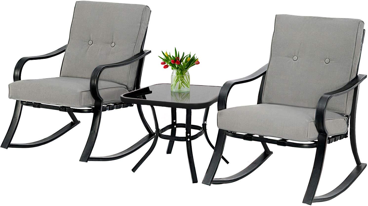 Crownland 3-Piece Outdoor Patio Set - Black Iron Rocking Chairs with Thickened Cushions & Glass Coffee Table - Perfect for Garden, Backyard, and Balcony Relaxation