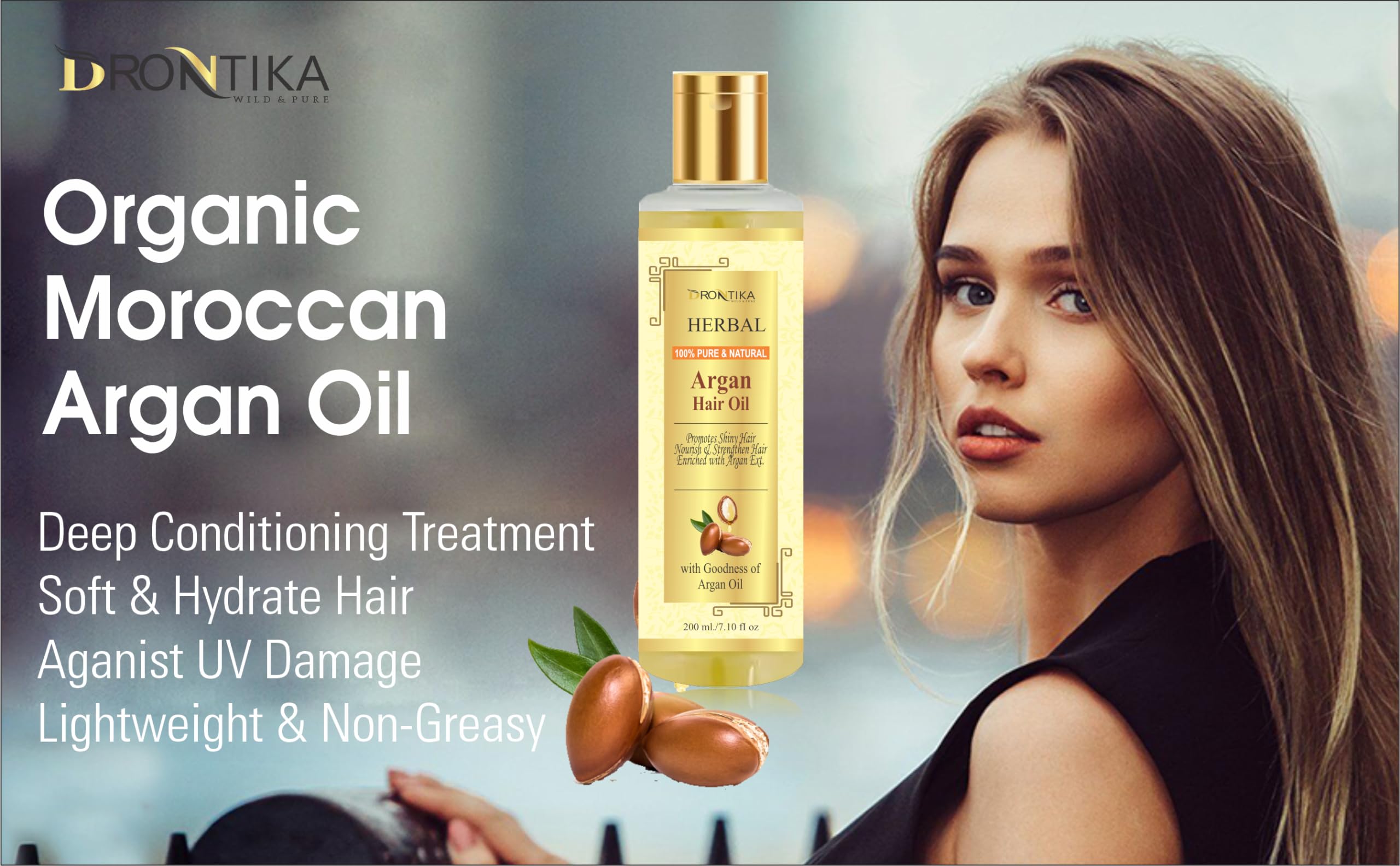 Drontika 100% Pure Cold Pressed Moroccan Argan Hair Oil - Natural Hair Treatment for Dry, Damaged Hair - No Mineral Oil & Silicones - 200mL - Perfect for Daily Hair Care, Styling & Split Ends Repair