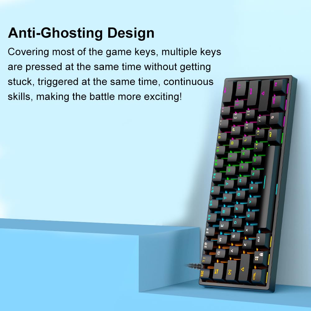 Docooler 61-Key Mechanical Gaming Keyboard with Blue Switches - Durable Compact Design, RGB Backlit, Ergonomic - Perfect for PC Gaming, Office Work & Typing Enthusiasts