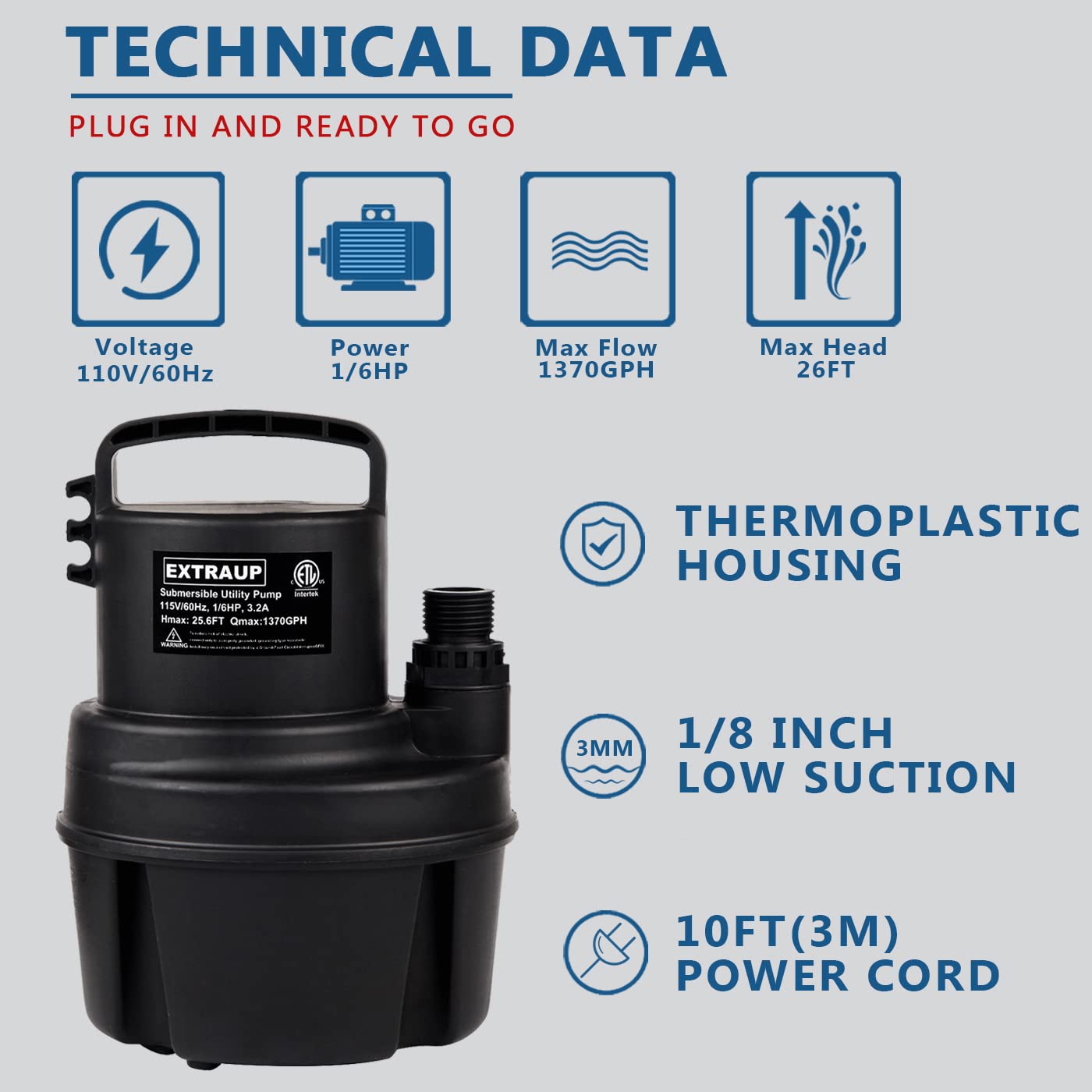 1/6 HP 1370GPH Portable Submersible Utility Pump - Low Suction Electric Water Pump for Clean Pool Cover, Basement Flood Drainage & Water Transfer - Black (Ideal for Home, Garden, and Emergency Flood Control)