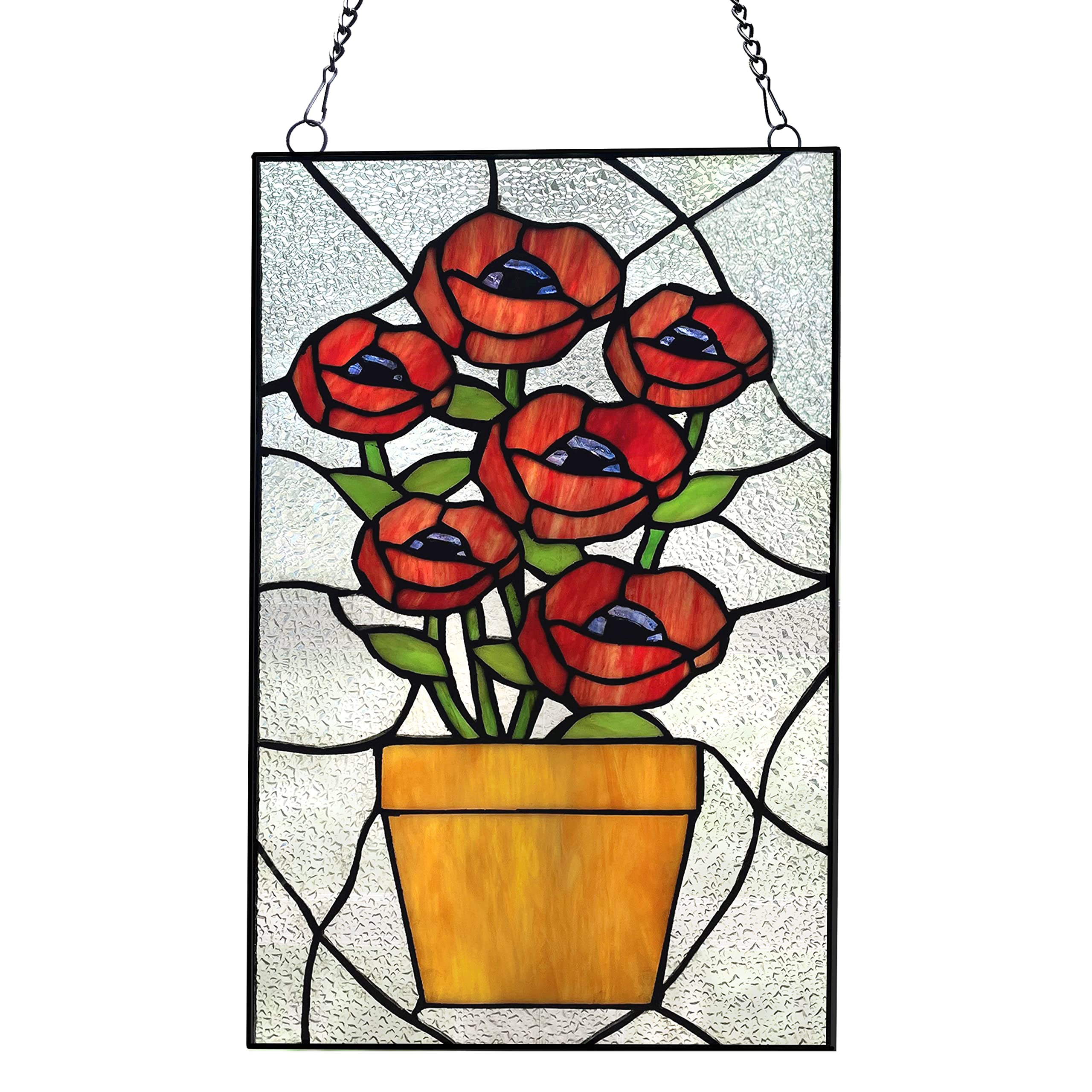 16 Inch Red Flower Stained Glass Window Panel - Decorative Art Glass for Home, Church & Office - Vintage Style Stained Glass Window Decor