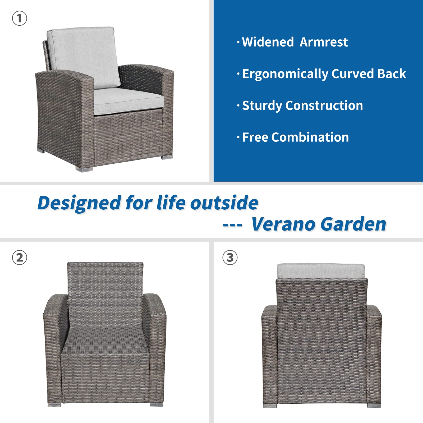 Verano Garden 4-Piece All-Weather Rattan Patio Set with Thick Cushions & Tempered Glass Table - Dark Gray (Light Gray) - Perfect for Outdoor Living, Backyard, Porch & Garden Relaxation