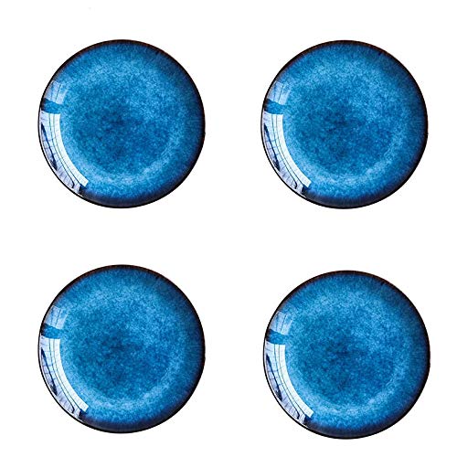 Blue Glazed Porcelain Dinner Plates Set of 4 - Elegant Round Flat Plates for Fine Dining, Wedding Registry & Home Decor