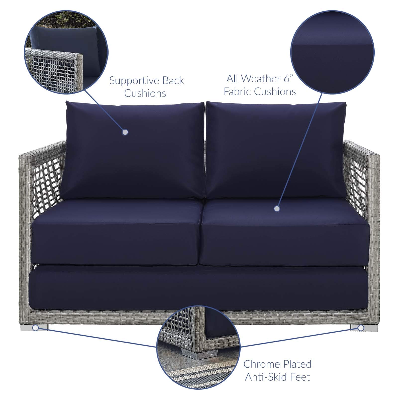 Modern Outdoor Patio Furniture Set - 3-Piece Rattan Wicker Sofa, Chair & Coffee Table in Gray, Navy Blue - Perfect for Backyard, Garden, Poolside & Patio Relaxation