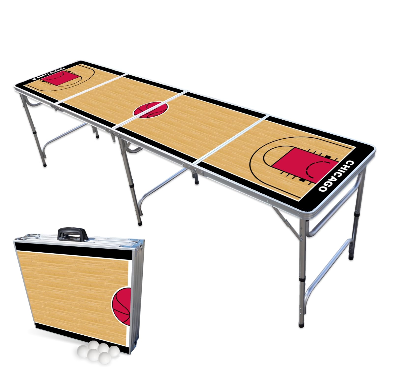 8-Foot Folding Portable Beer Pong Table with Optional Cup Holes & LED Lights - Chicago Bulls Basketball Court Design (Choose Your Model) - Perfect for Backyard Parties, Tailgating & College Events