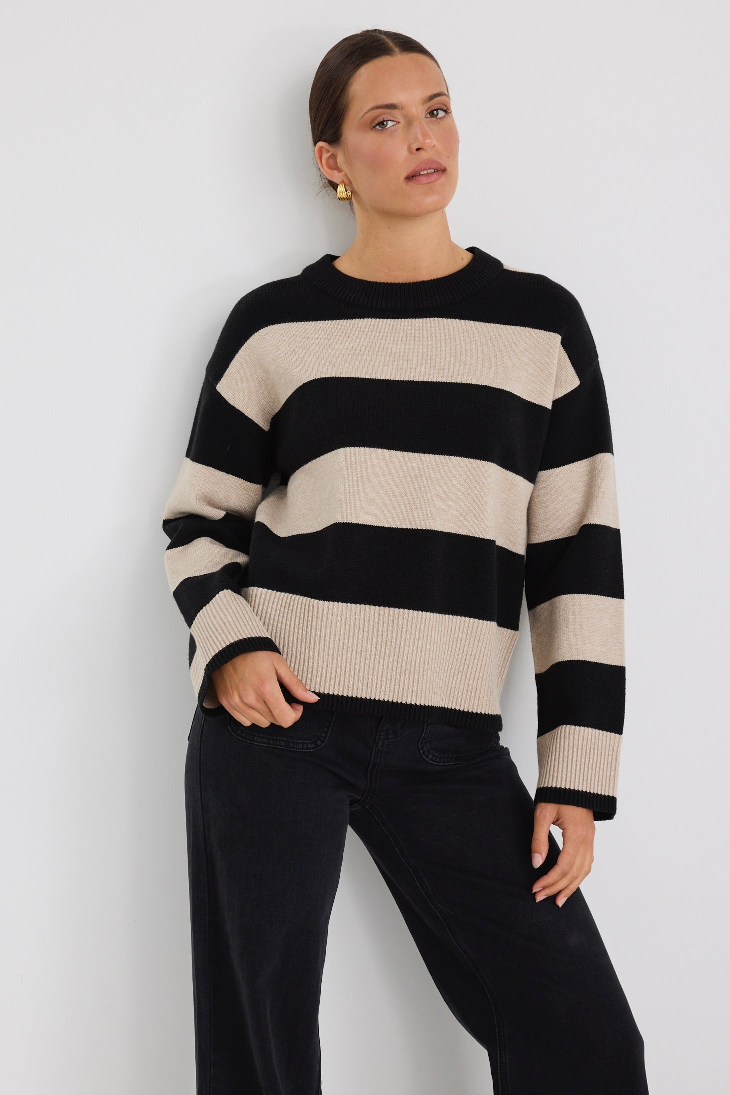 Gravity Black & Stone Stripe Crew Neck Knit Sweater for Men - Casual Winter Pullover for Office & Weekend Outings