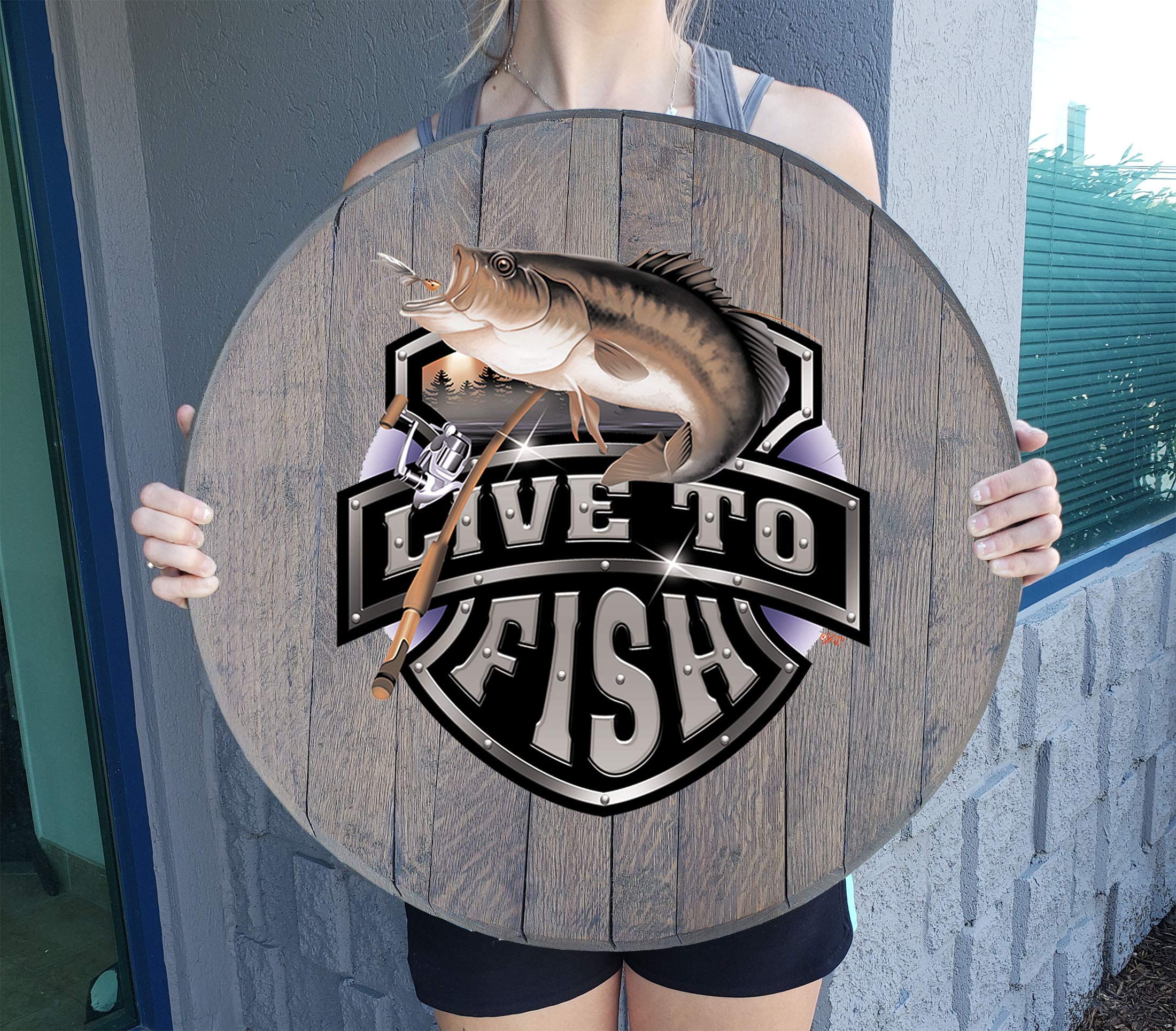 Big Bass Fishing Barrel Head Sign - 22 Inch Live to Fish Wall Decor for Man Cave, Barnwood Gray - Perfect for Home, Office, or Cabin Decor