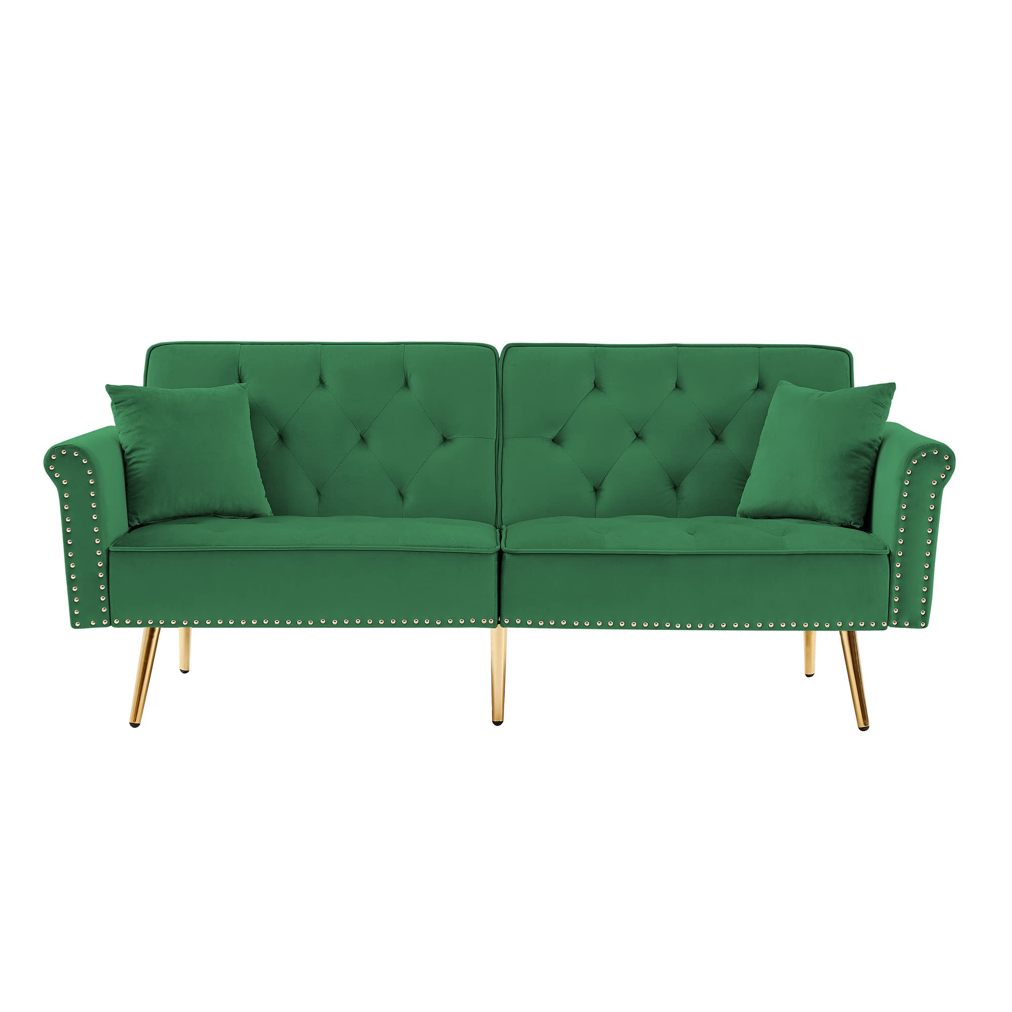 Velvet Tufted Convertible Futon Sofa Bed with 2 Pillows - Nailhead Trim & Metal Legs - Small Space Sofa Bed for Bedroom, Living Room, Apartment - Green with Gold Accent - Perfect for Guest Rooms, Studio Apartments and Cozy Reading Nooks