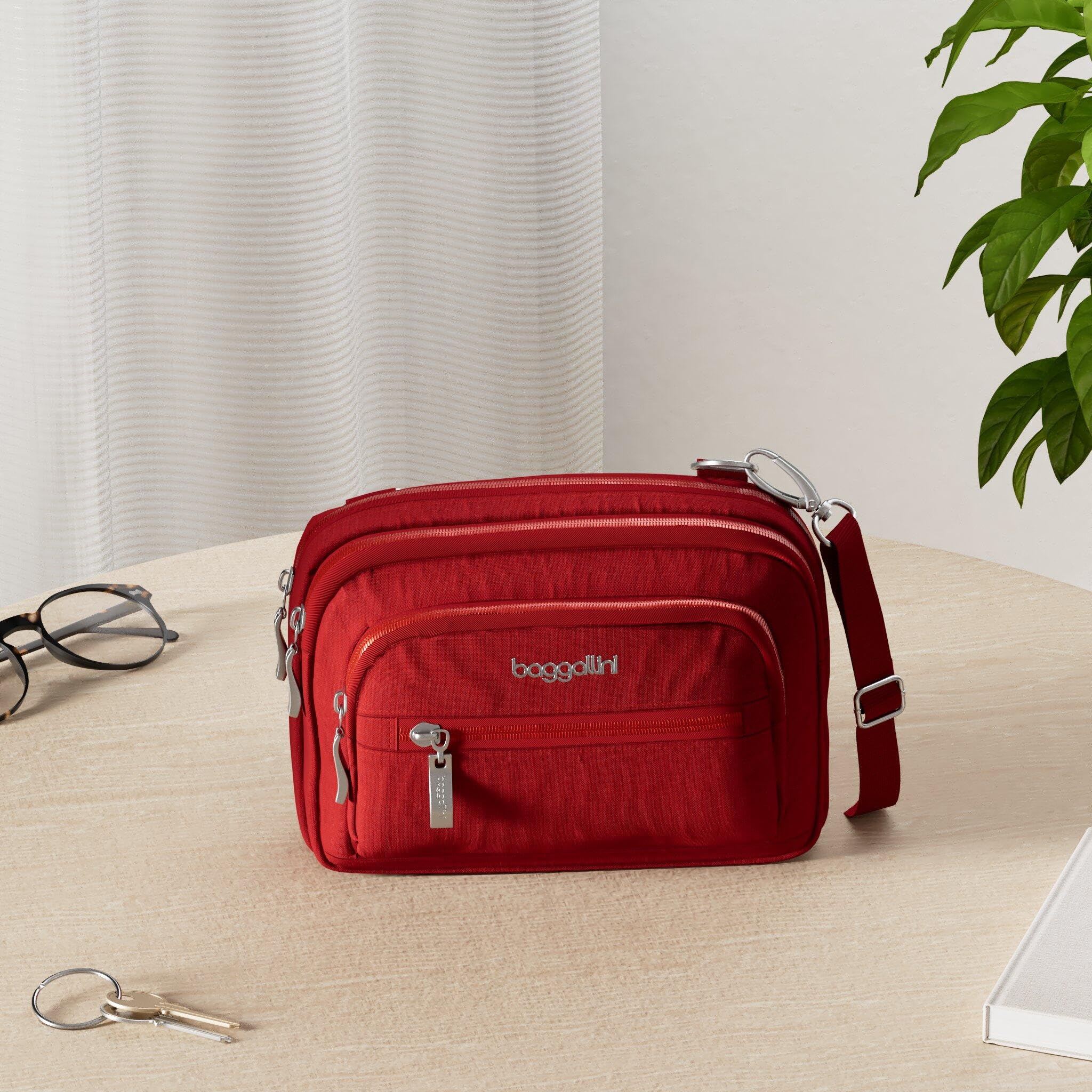 Baggallini Triple Zip Small Crossbody Bag for Women - 8x6 Inch Lightweight Water-Resistant Convertible Fanny Pack Belt Bag - Perfect for Travel, Shopping & Everyday Use