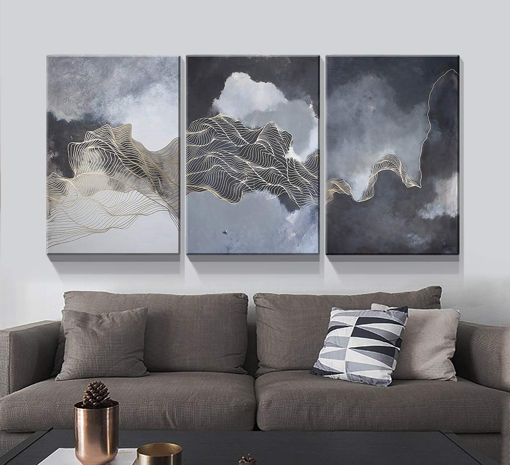 Denozer - 3 Panel Abstract Golden Line Canvas Wall Art - Stretched & Framed Ready to Hang - 24x36 Inches - Modern Home Decor for Living Room, Bedroom & Office