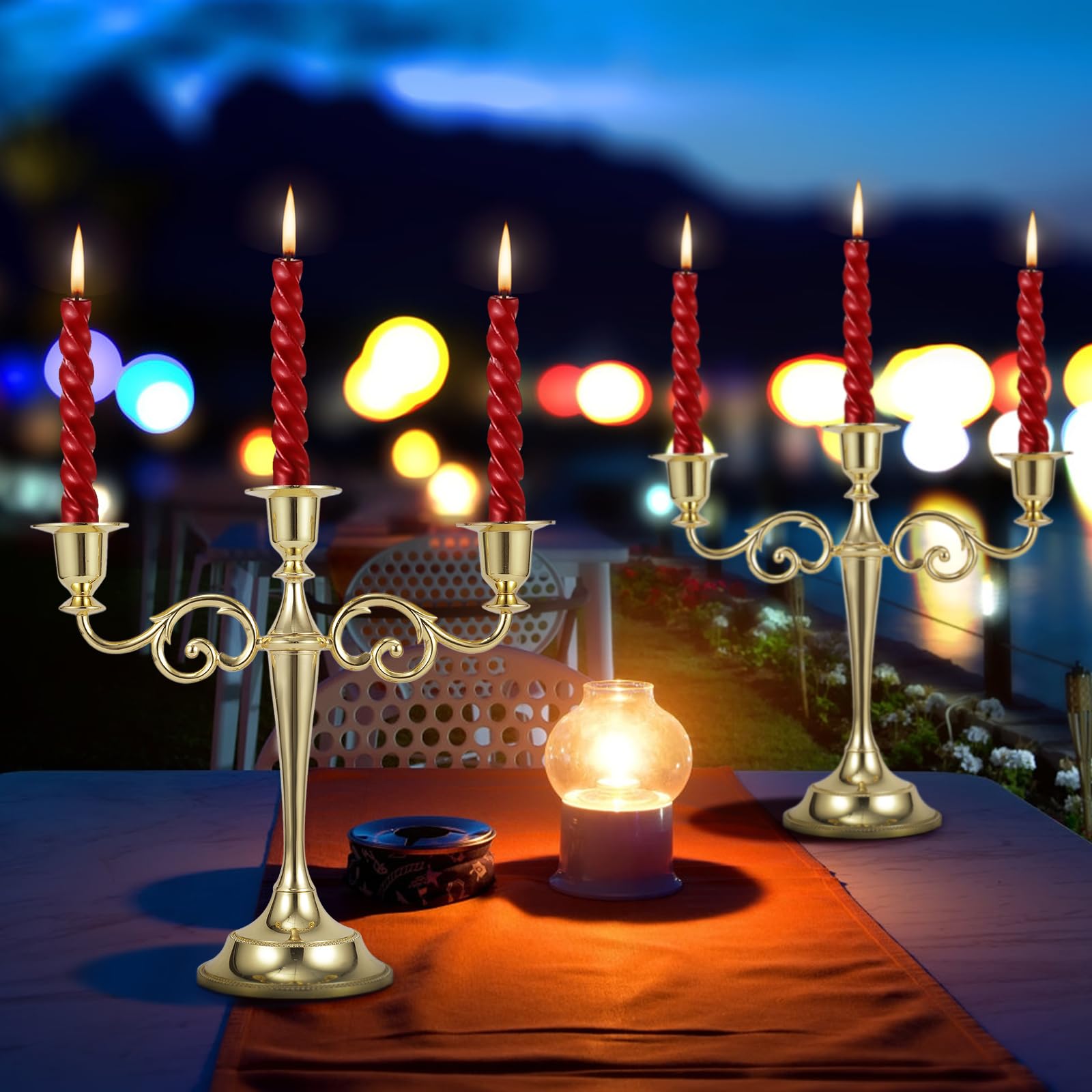 **Dyna-Living 3-Arm Gold Metal Candelabra Candle Holder Set (2pcs) - Elegant Tall Candlestick Stand for Long Taper Candles - Perfect for Weddings, Anniversaries, Parties & Home Decor**