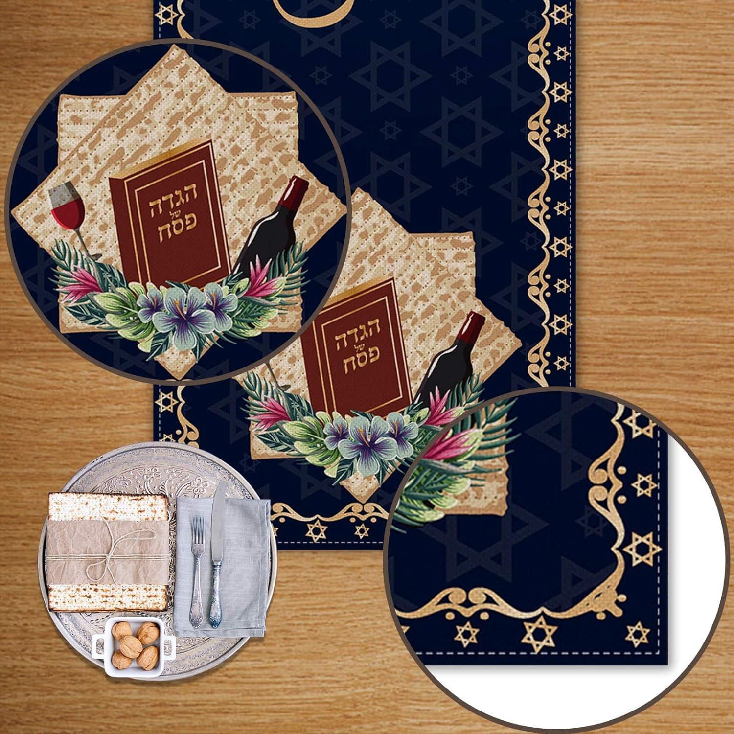 Happy Passover Pesach Star of David 13 x 90 Inch Table Runner for Jewish Festival, Holiday Party, and Home Kitchen Dining Room Decor