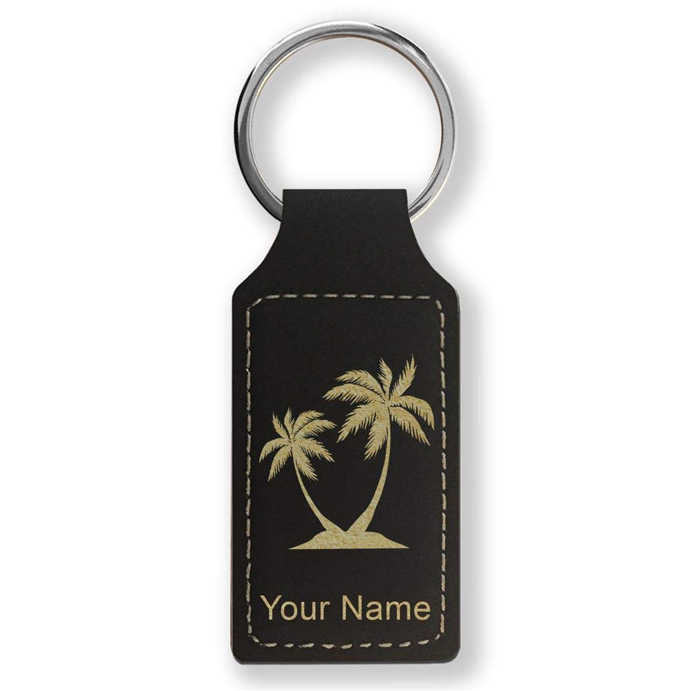 Personalized LaserGram Rectangle Keychain with Palm Tree Design - Black & Gold Engraved Gift for Travel Lovers, Beach Enthusiasts & Vacation Souvenirs