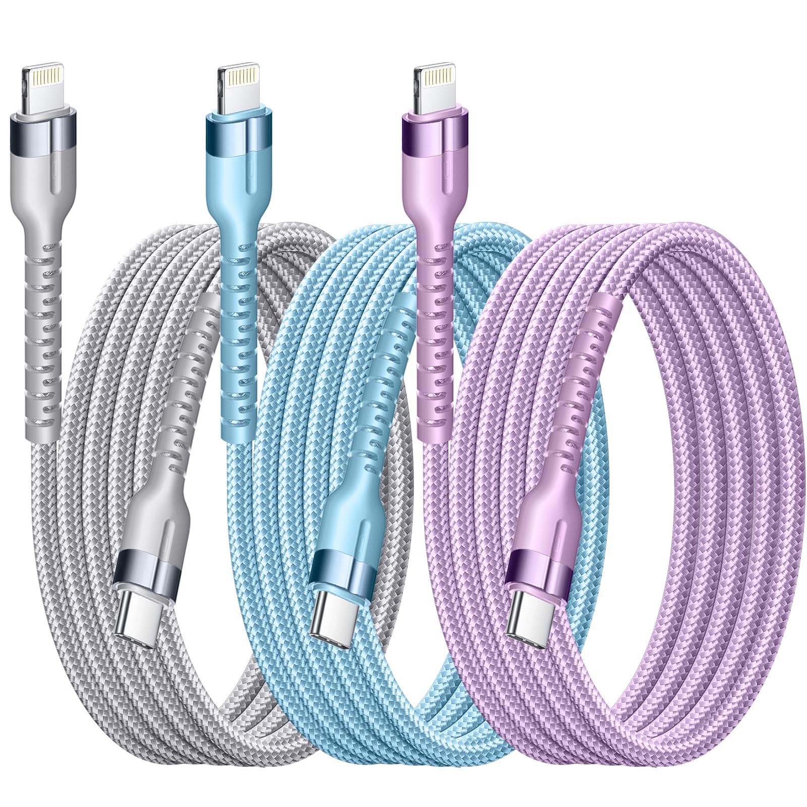 3-Pack MFi Certified USB C to Lightning Cable 0.9M - Nylon Braided Fast Charging Cable for iPhone 14/13/12/11/Pro Max/X/XR/XS/8 Plus - PD Compatible Type C Charger Cord - Perfect for Home, Office & Travel Charging