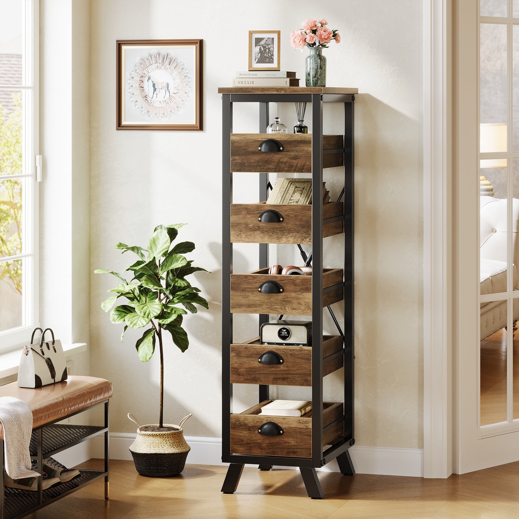 5-Tier Wooden Storage Rack for Fruits, Vegetables & Snacks - Space-Saving Kitchen Organizer for Pantry, Countertop or Dining Room