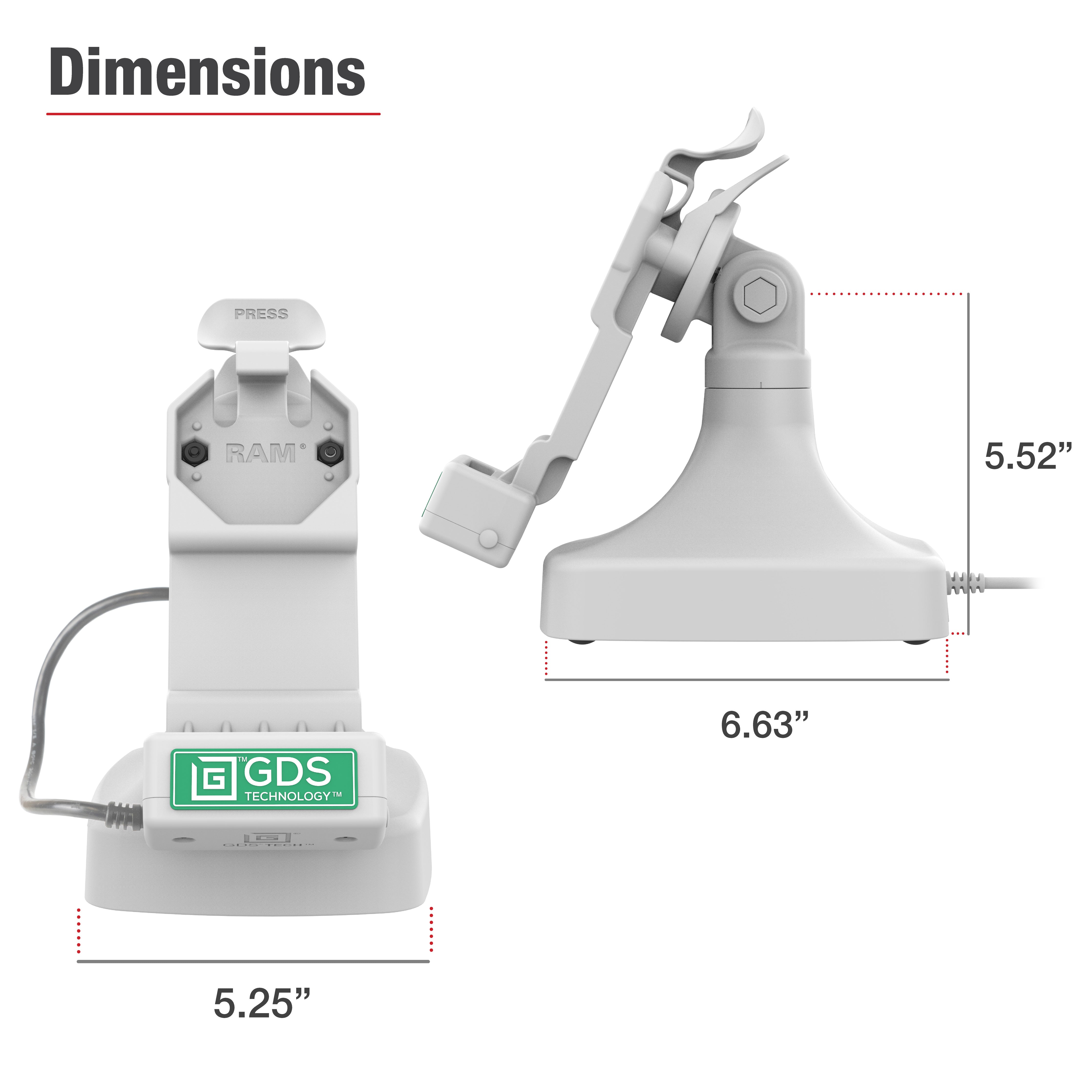 GDS® Uni Conn™ Tilt & Swivel Dock with PoE + Data - Gray (RAM GDS DOCK D14 U1E 2A GRY) - Perfect for Office Workstations, Conference Rooms & Home Office Setups