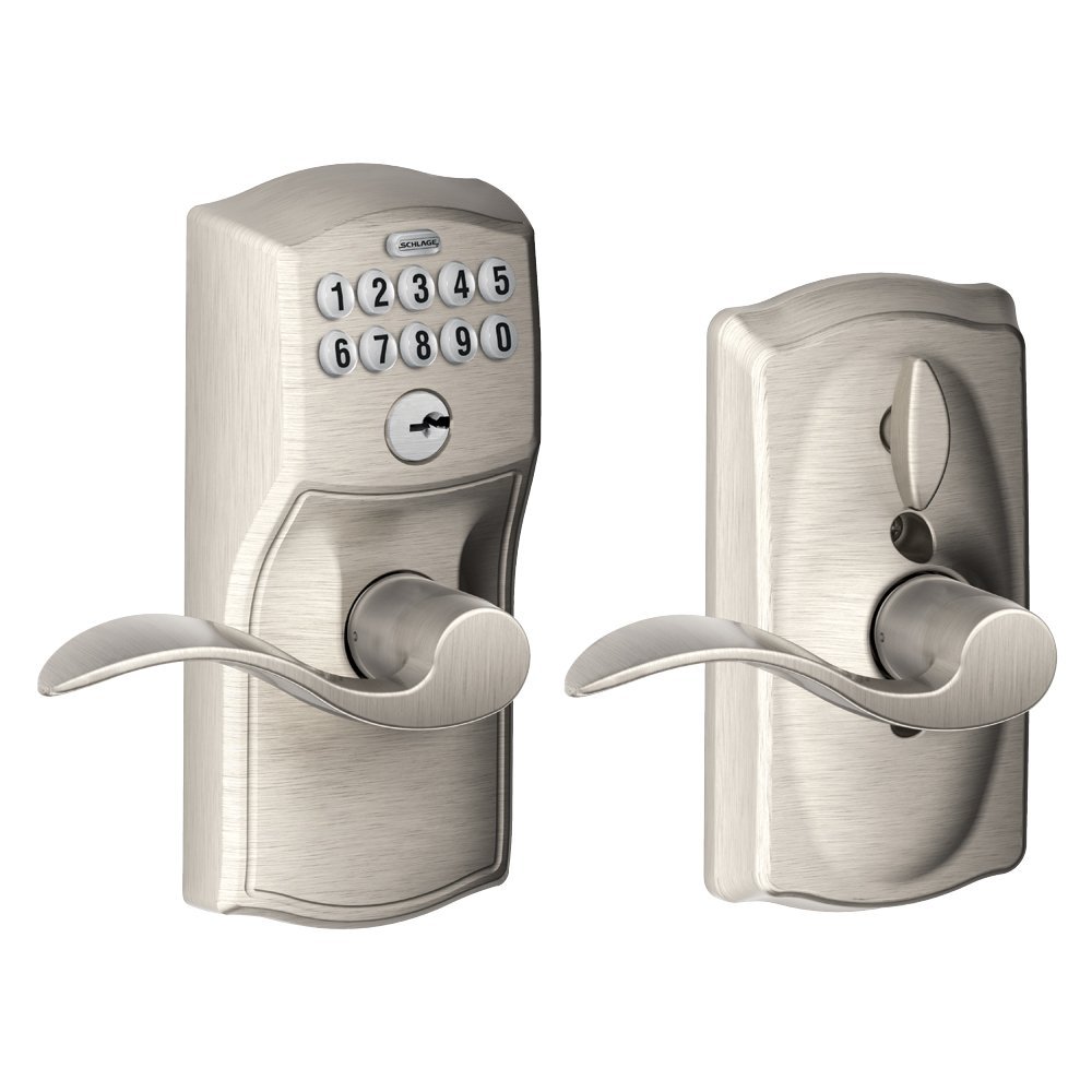 Schlage FE595VCAM619ACC Camelot Keyless Entry Deadbolt - Satin Nickel Finish, Flex-Lock Technology & Accent Levers - Secure Keypad Door Lock for Homes, Apartments & Offices