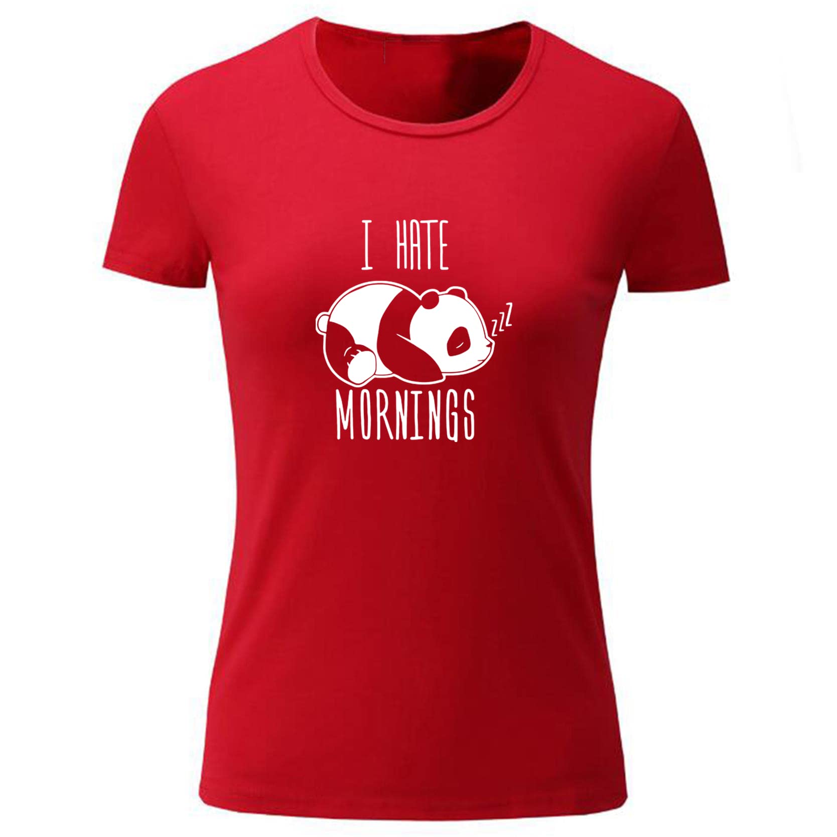 DGVI Women's Funny 'I Hate Mornings' Cute Panda Graphic T-Shirt - Soft Cotton Casual Tee for Coffee Lovers & Sleepy Mornings