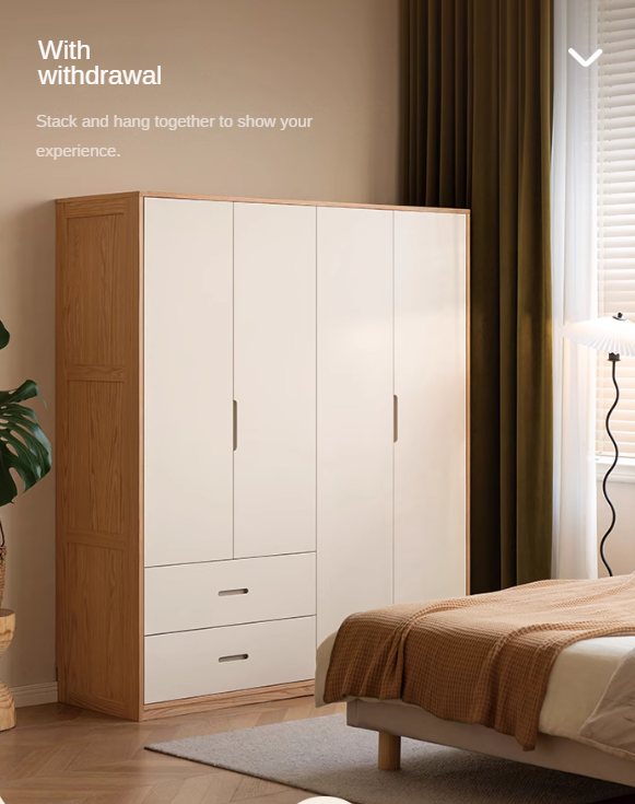 Oak Solid Wood Log Cream Style Wardrobe - Rustic Bedroom & Living Room Storage Furniture for Home Organization