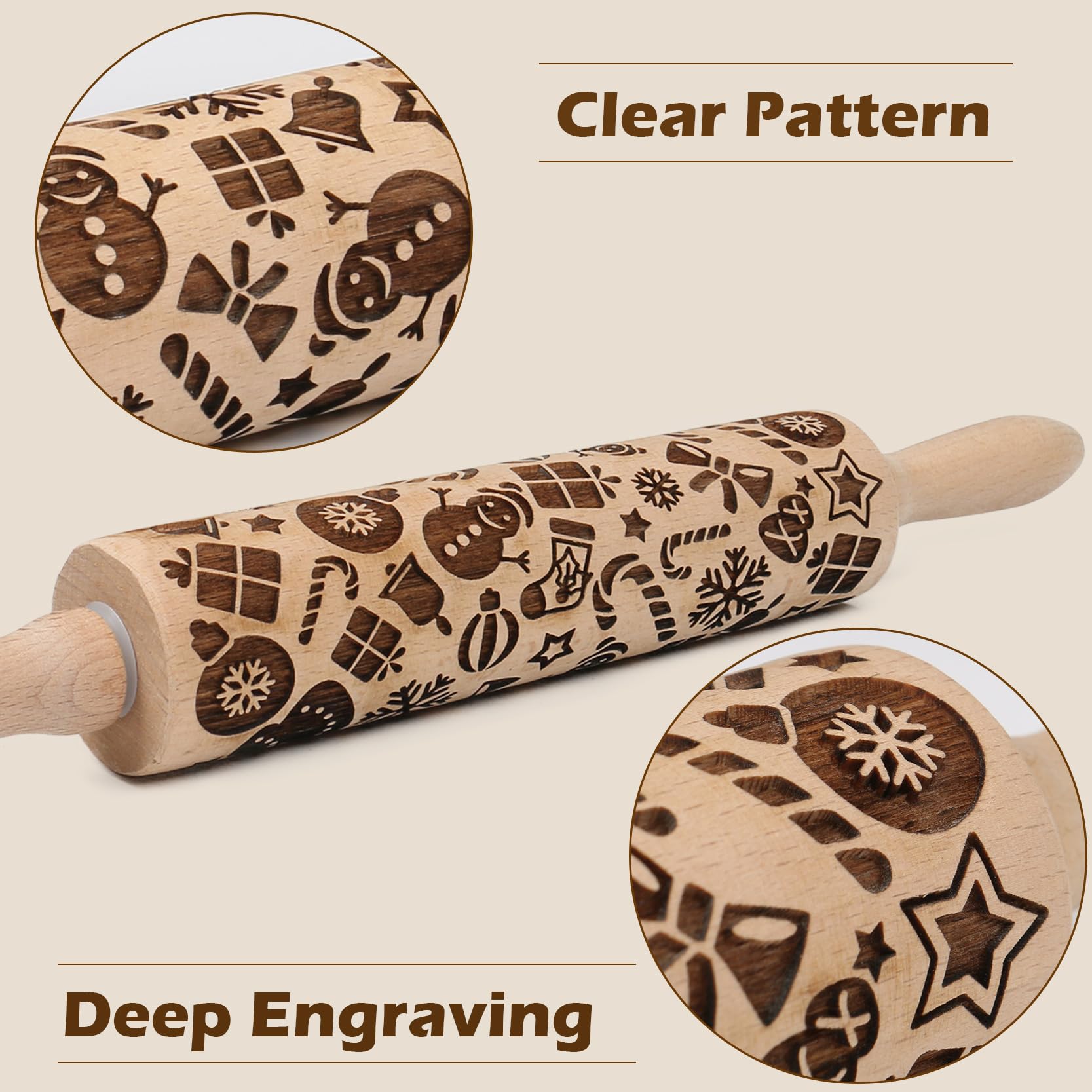 Christmas Snowflake & Snowman Embossed Rolling Pin - Wooden Engraved Cookie Dough Roller for Baking, Springerle, Clay Pottery & Ceramic Crafts - Perfect Holiday Gift for Bakers, Women & Kids (Ideal for Christmas Cookies, DIY Crafts & Family Baking Activities)