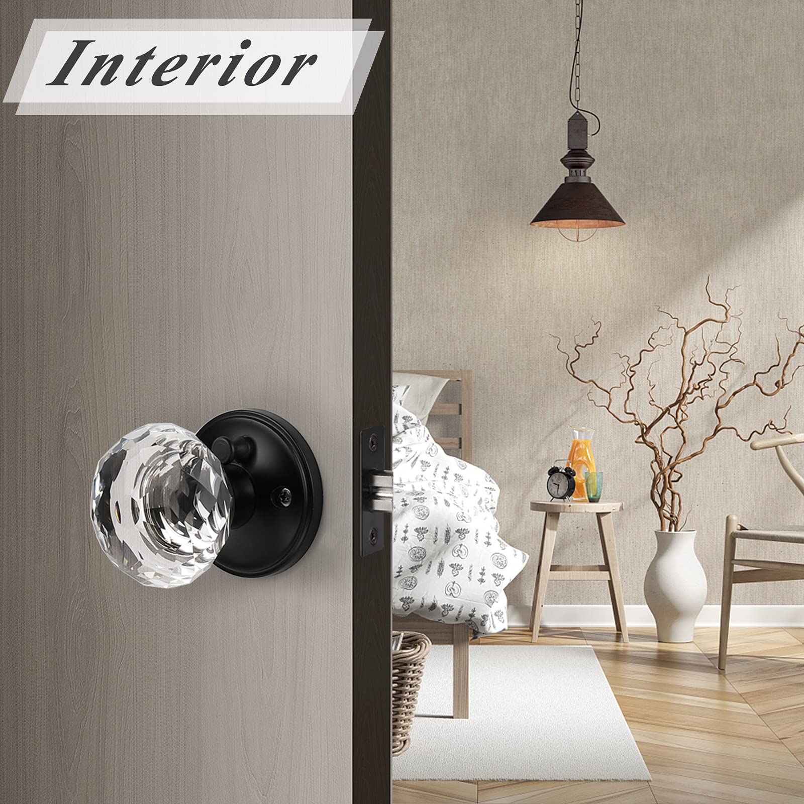 Probrico 3-Pack Black Faceted Diamond Crystal Door Knobs with Lock - Heavy Duty Glass Privacy Door Knobs for Bedroom & Bathroom - Round Interior Door Handles with Rosette for Home, Office & Hotel Use