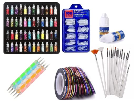 Premium 48-Piece Nail Art Kit with Glitter Stones, 100 Fake Nails, 15 Brushes & Dotting Tools - Complete DIY Manicure Set for Home Salon, Parties & Gift Giving