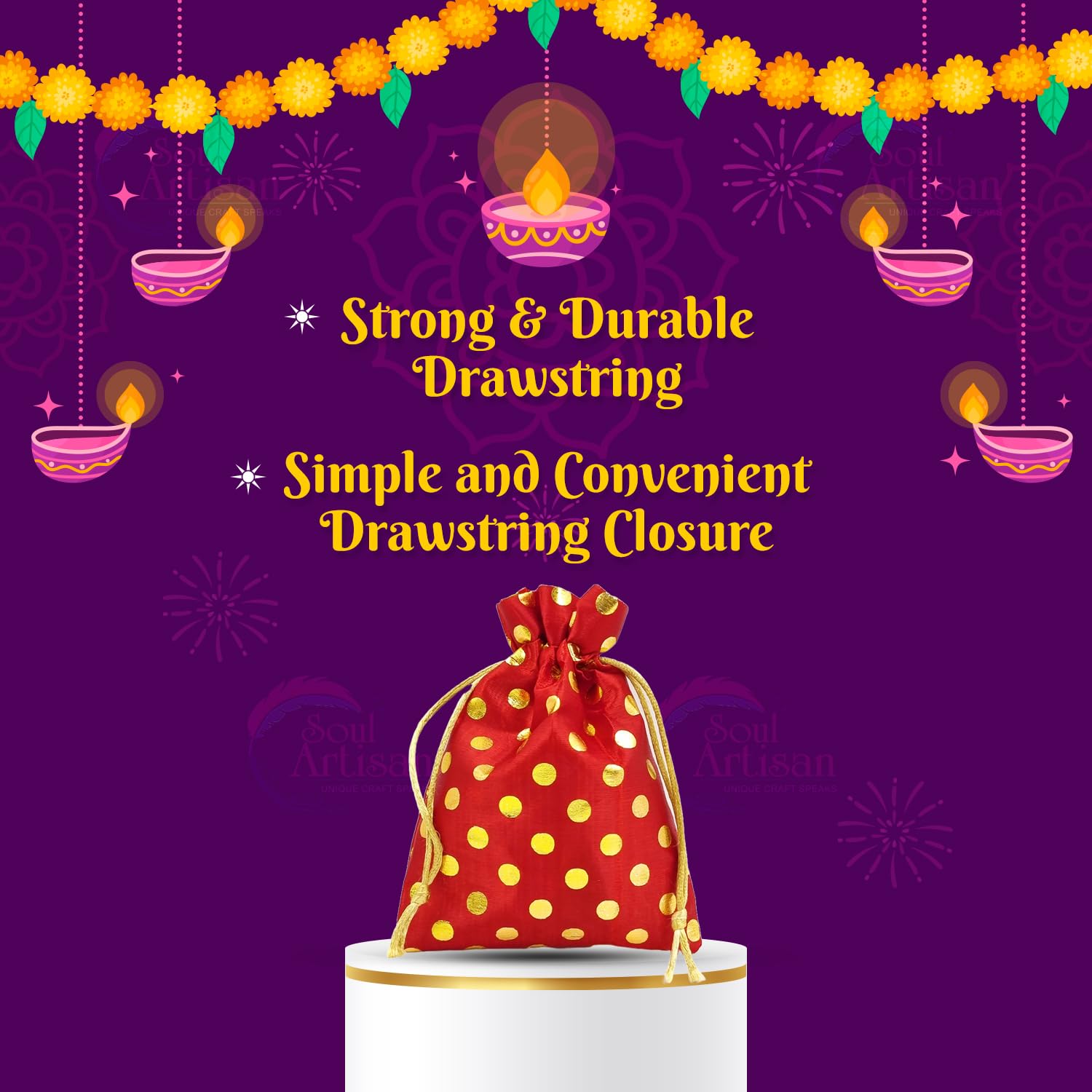 Soul Artisan Red Polka Dot Drawstring Pouches for Women - 12x18cm Pack of 10 | Wedding Favor Bags, Baby Shower Gifts, Jewelry & Dry Fruit Packaging | Perfect for Bridal Parties, Haldi Ceremonies & Return Gifts