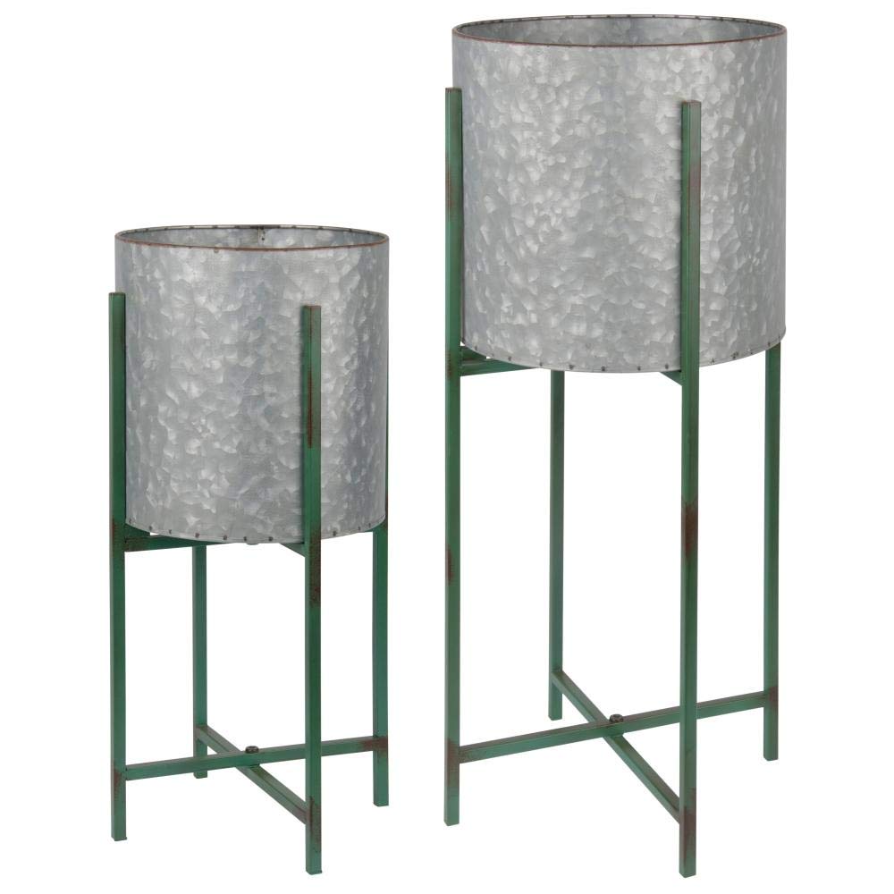 Esschert Design USA OZ60 Vintage Zinc Round Metal Flower Pots with Stand - Silver | Indoor & Outdoor Garden Decor, Patio Planters, Home Décor Centerpiece