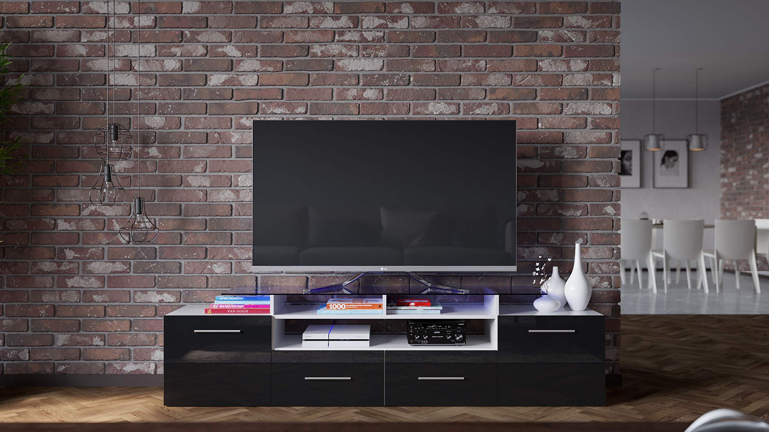 Dora TV Stand for Living Room - Modern Entertainment Center with Storage Shelf (White/Black) - Perfect for 55 Inch Flat Screen TV, Home Theater Setup & Living Room Decor