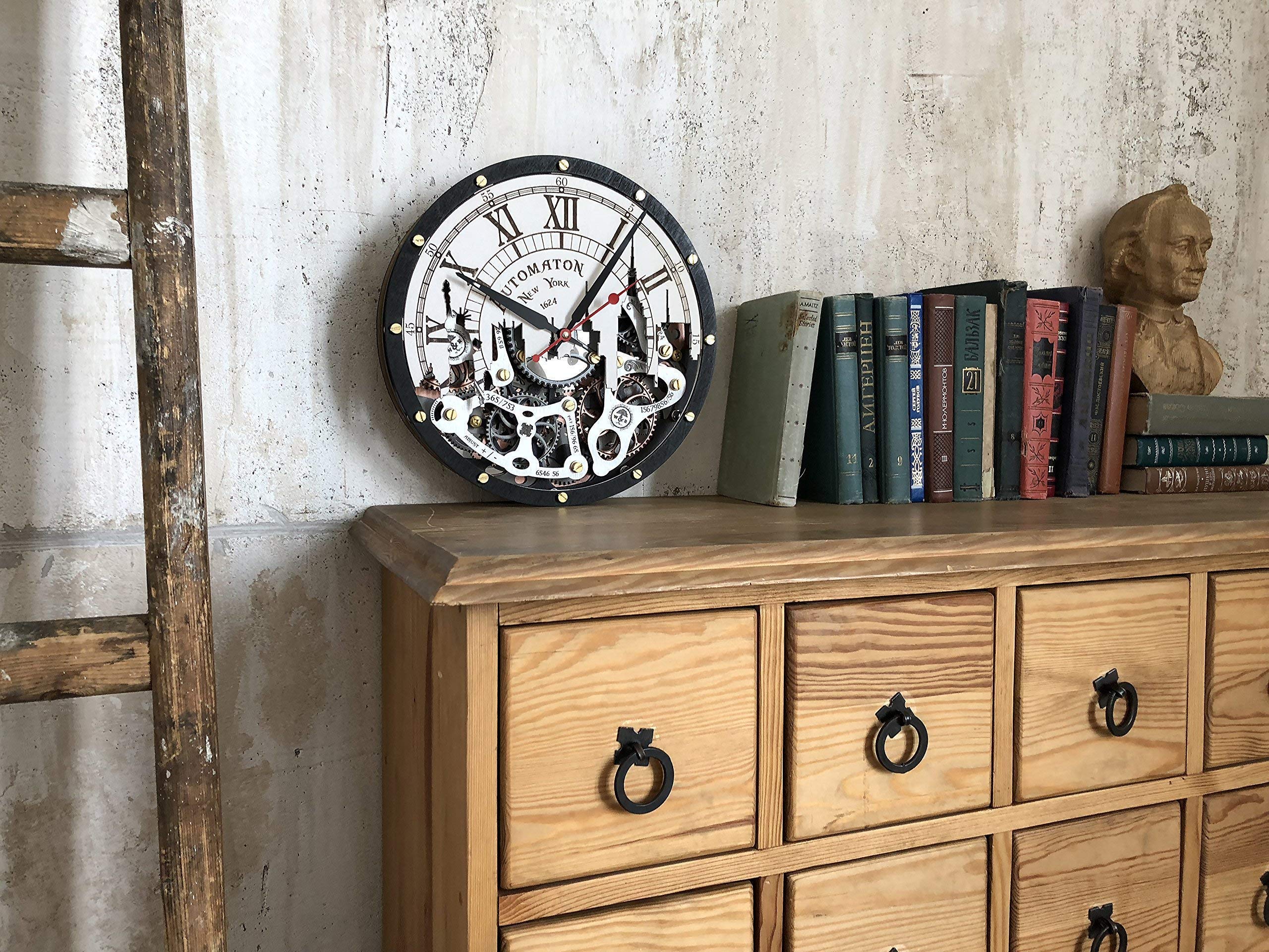 Steampunk New York City Skyline Wall Clock with Moving Gears - Handcrafted Mechanical Decor for Home, Kitchen, Living Room & Office - Unique Personalized Gift Idea for Clock Lovers & Cityscape Enthusiasts - Perfect for Industrial Decor, Steampunk Themed Rooms & Urban Home Offices