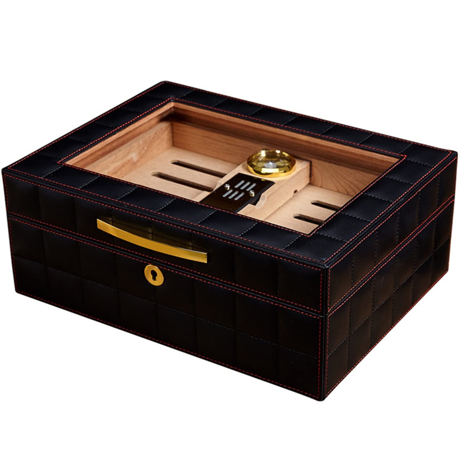 Premium Glass Top Cedar Cigar Humidor - Holds 50 Cigars with Built-in Hygrometer & Humidifier | Desktop Cigar Storage Case | Perfect Humidor Gift for Men (Black) | Ideal for Home Office, Man Cave & Cigar Enthusiasts