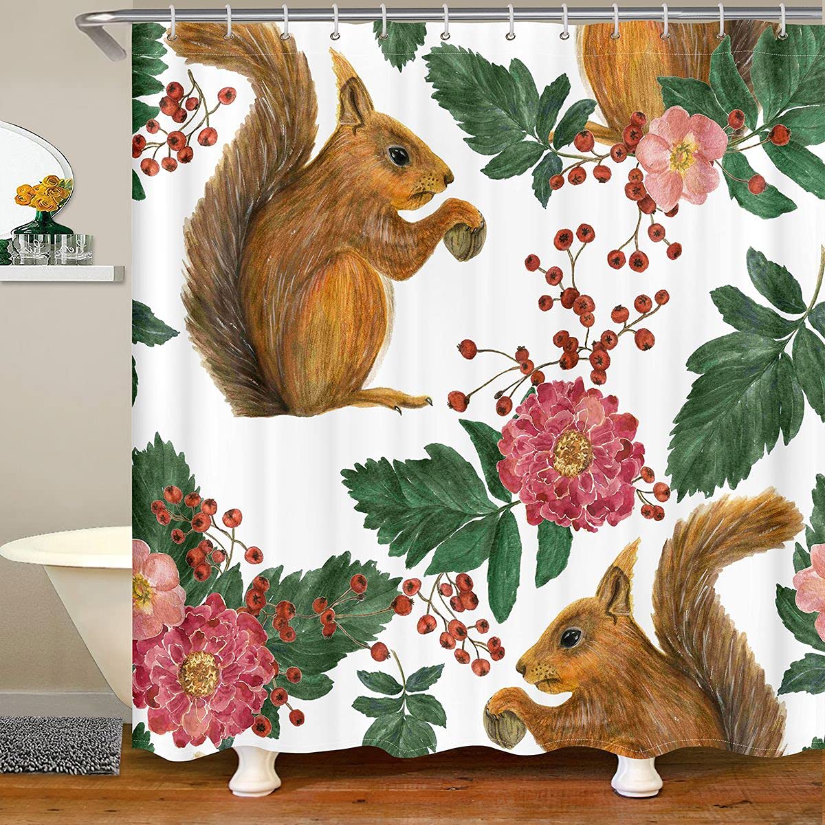 Feelyou Cute Squirrel & Floral Shower Curtain Set - 72x72 Inch Waterproof Bathroom Decor for Kids & Teens - Wild Animal Themed Bedding Accessories for Girls Room, Nursery, or Bathroom Stall Decoration