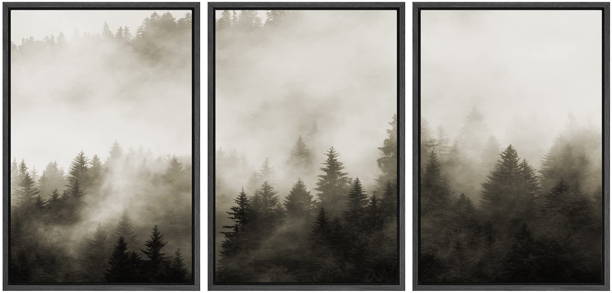 Framed Canvas Wall Art - Woodland Nursery Decor Set, Fog & Mist Over Dark Mountain Forest Nature Landscape Painting, Modern Rustic Home Decor for Living Room, Bedroom, Office - 16x24 Inches, Black Frame | Perfect for Cozy Home, Farmhouse & Cabin Interior Design