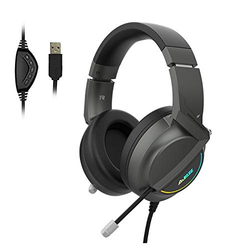 AX365 Gaming Headset with 7.1 Stereo Surround Sound - Retractable Noise Canceling Mic, LED Lights & Memory Foam Earmuffs - Over-Ear Headphones for PC, PS4, Xbox Gaming (Black) - Perfect for Competitive Gaming & Streaming