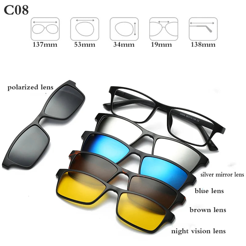 Belmon Unisex Square Eyeglasses with 5 Clip-On Sunglasses - Lightweight Blue Light Blocking Glasses for Men & Women - Perfect for Reading, Driving, and Outdoor Activities (RS159)