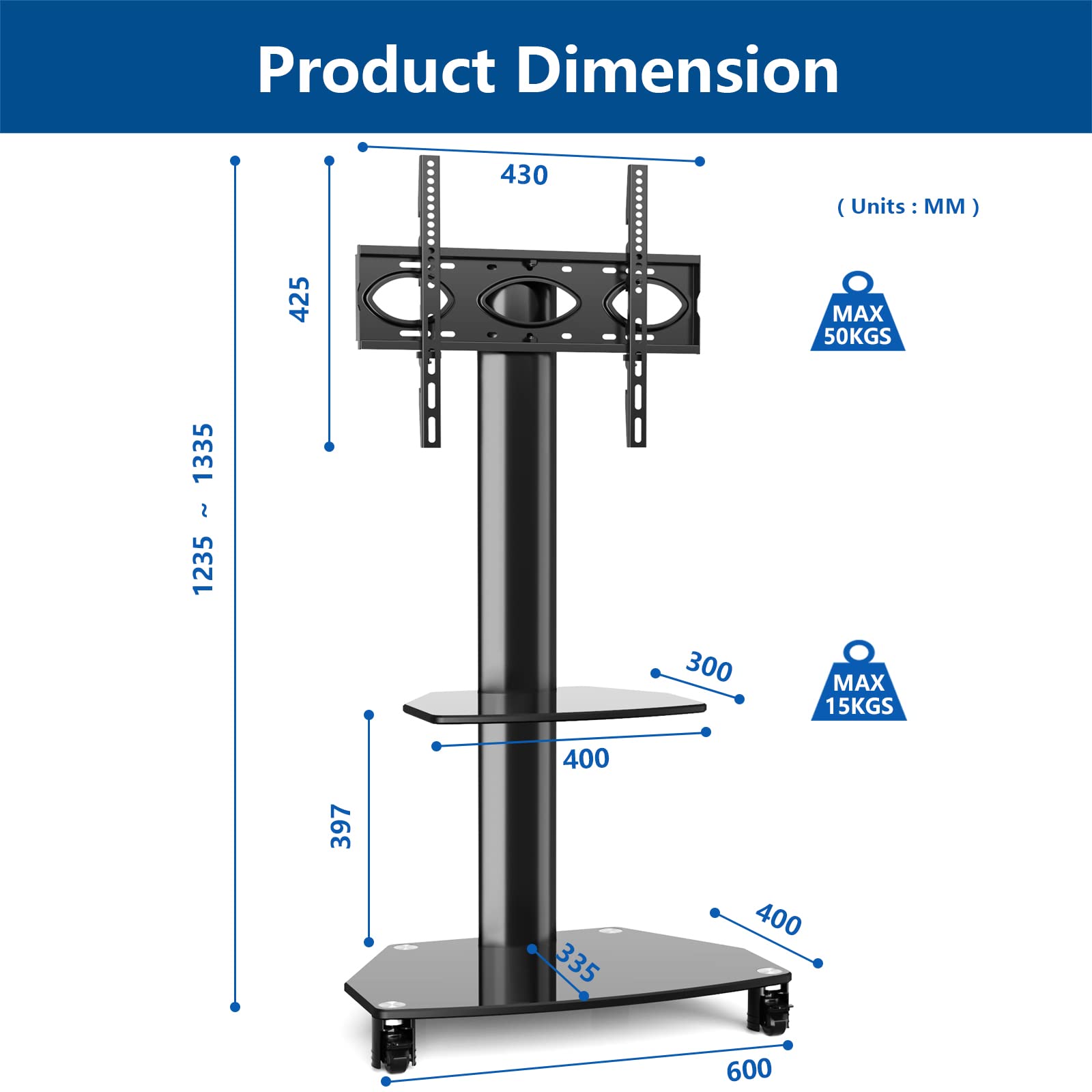 RFIVER Mobile TV Stand with Wheels - Adjustable Cantilever TV Trolley for 27-65 Inch Flat Screens (Max VESA 400x400mm, 50kg Capacity) - Sturdy TV Stand with Storage Shelves for Living Room, Bedroom & Office