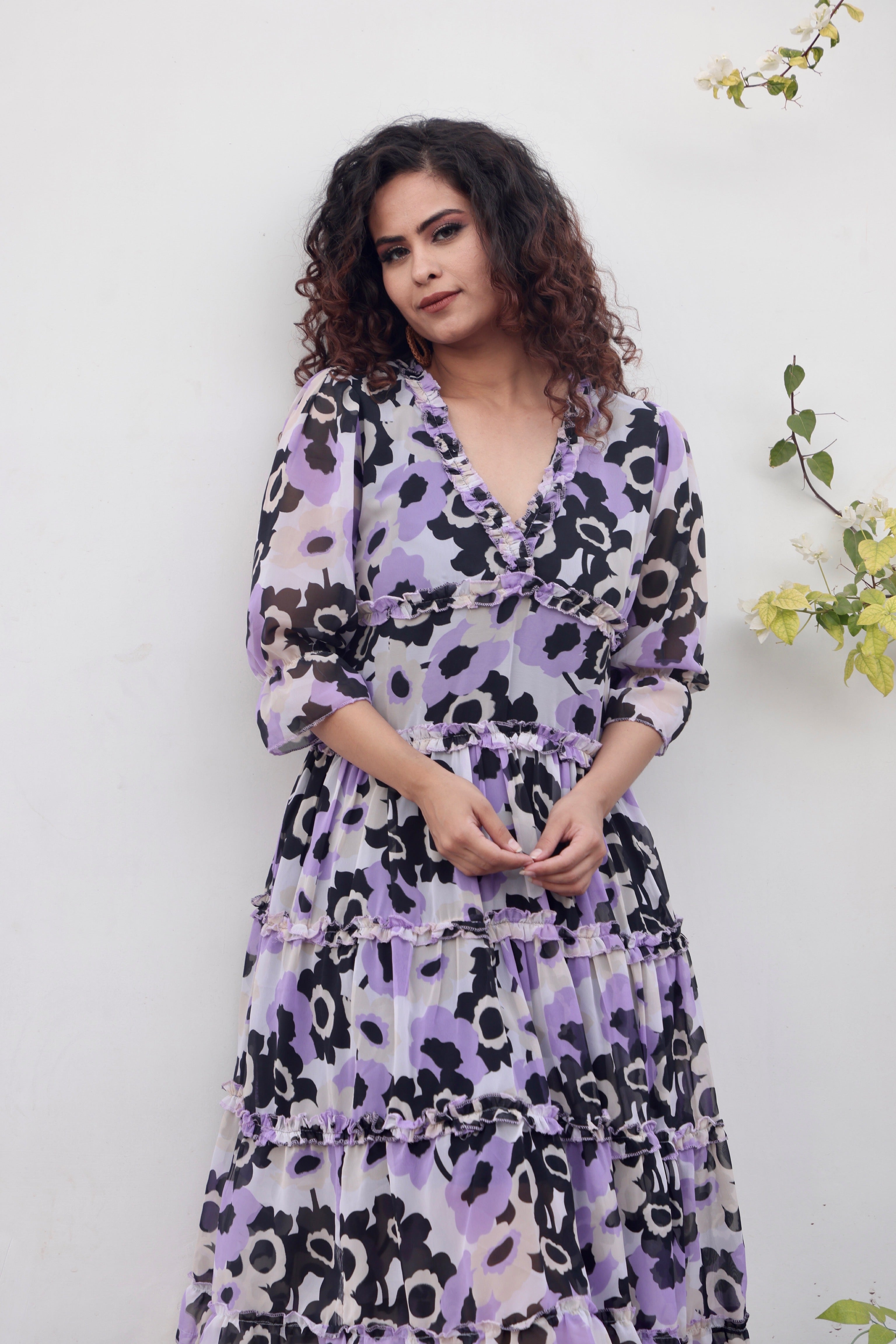 Lavender Floral Print Maxi Dress for Women - Summer Boho Beach Dress with Long Sleeves - Perfect for Vacation, Wedding Guest & Outdoor Parties