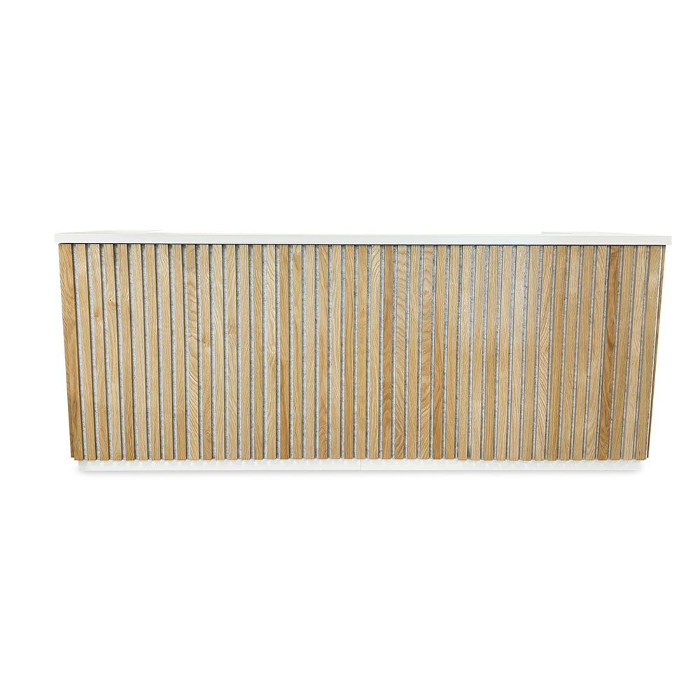 KENTO 240cm Modern Reception Desk - Timber Slat Acoustic Panel Design in White & Oak Finish - Perfect for Office Lobby, Hotel Front Desk, and Corporate Waiting Areas