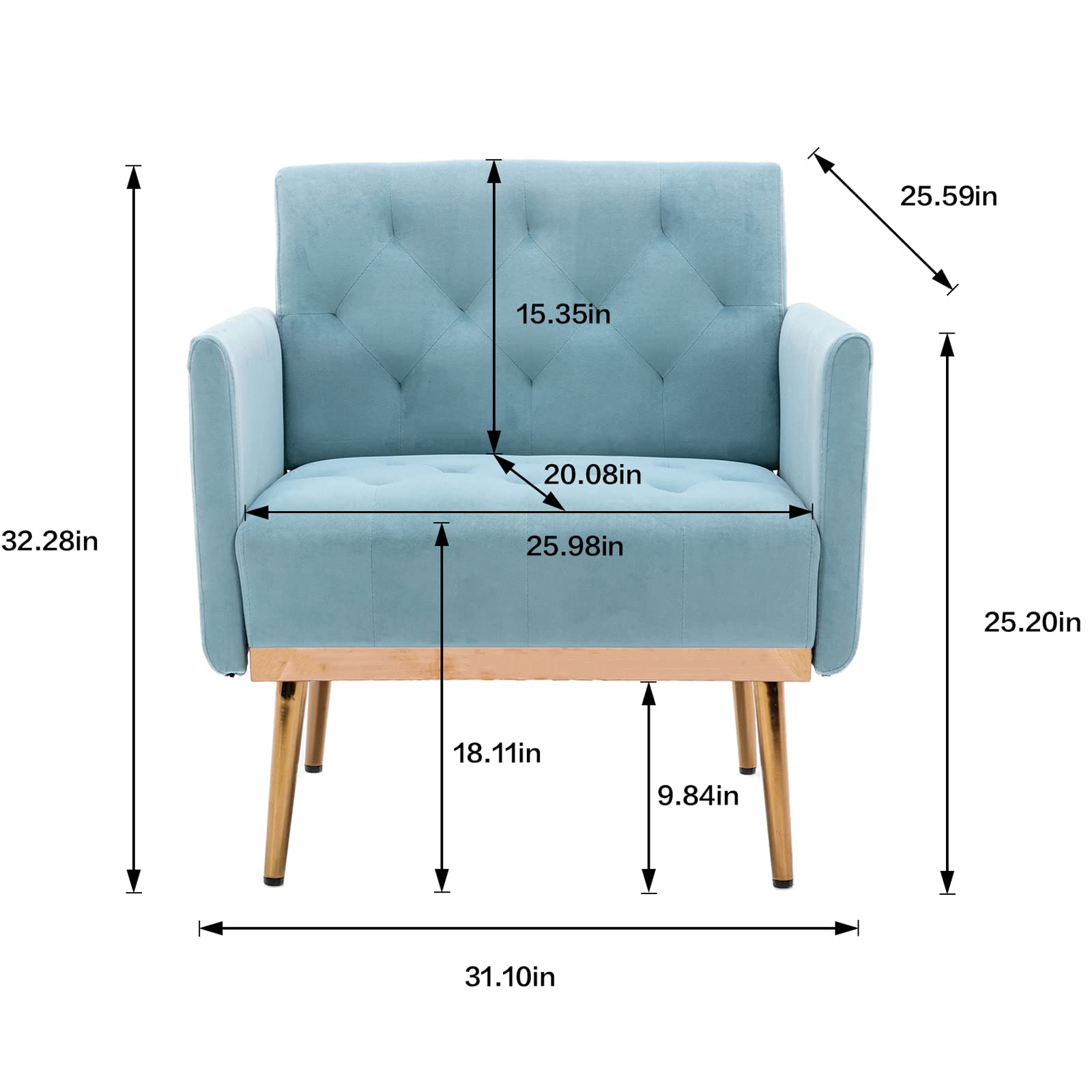 Velvet Accent Chair with Gold Metal Legs - Modern Single Sofa for Living Room, Bedroom, Office & Small Spaces - Blue Upholstered Lounge Chair for TV Watching, Reading & Coffee Breaks