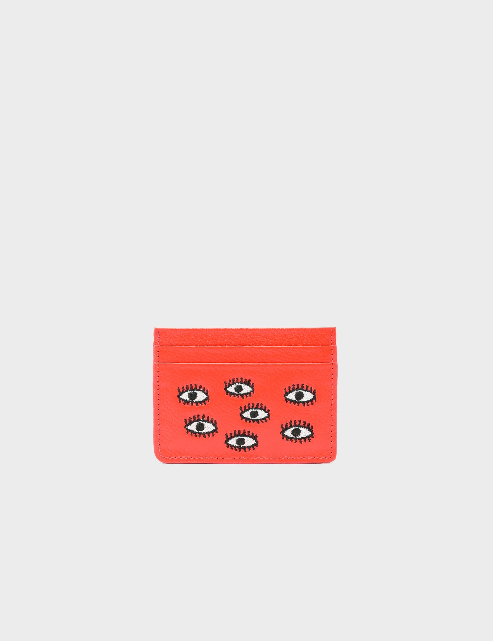 Filium Fiesta Red Leather Cardholder with All Over Eyes Embroidery - Slim RFID Blocking Wallet for Credit Cards & Cash - Perfect for Parties, Travel and Everyday Use
