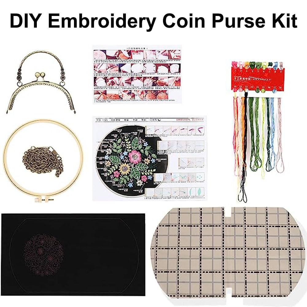 Gogobear DIY Embroidery Coin Purse Kit for Beginners - Complete Starter Set with Clutch Wallet, Thread & Needles - Perfect for Crafting, Gift Making & Fashion Accessories