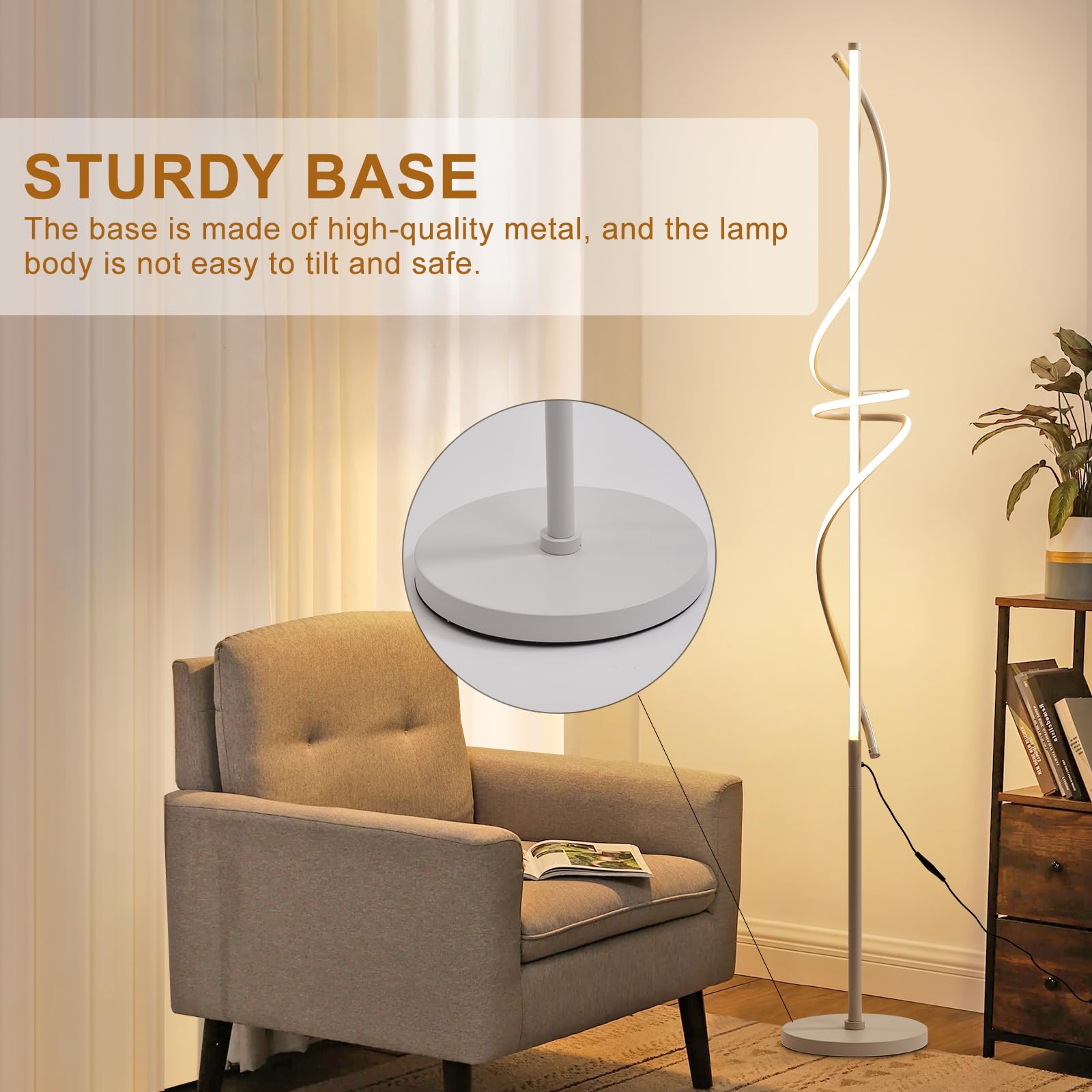 POWROL Modern LED Floor Lamp with Remote & Foot Switch - 3000K-6000K Dimmable Spiral Floor Light for Living Room, Bedroom & Office - Adjustable Brightness for Reading, Working & Relaxing