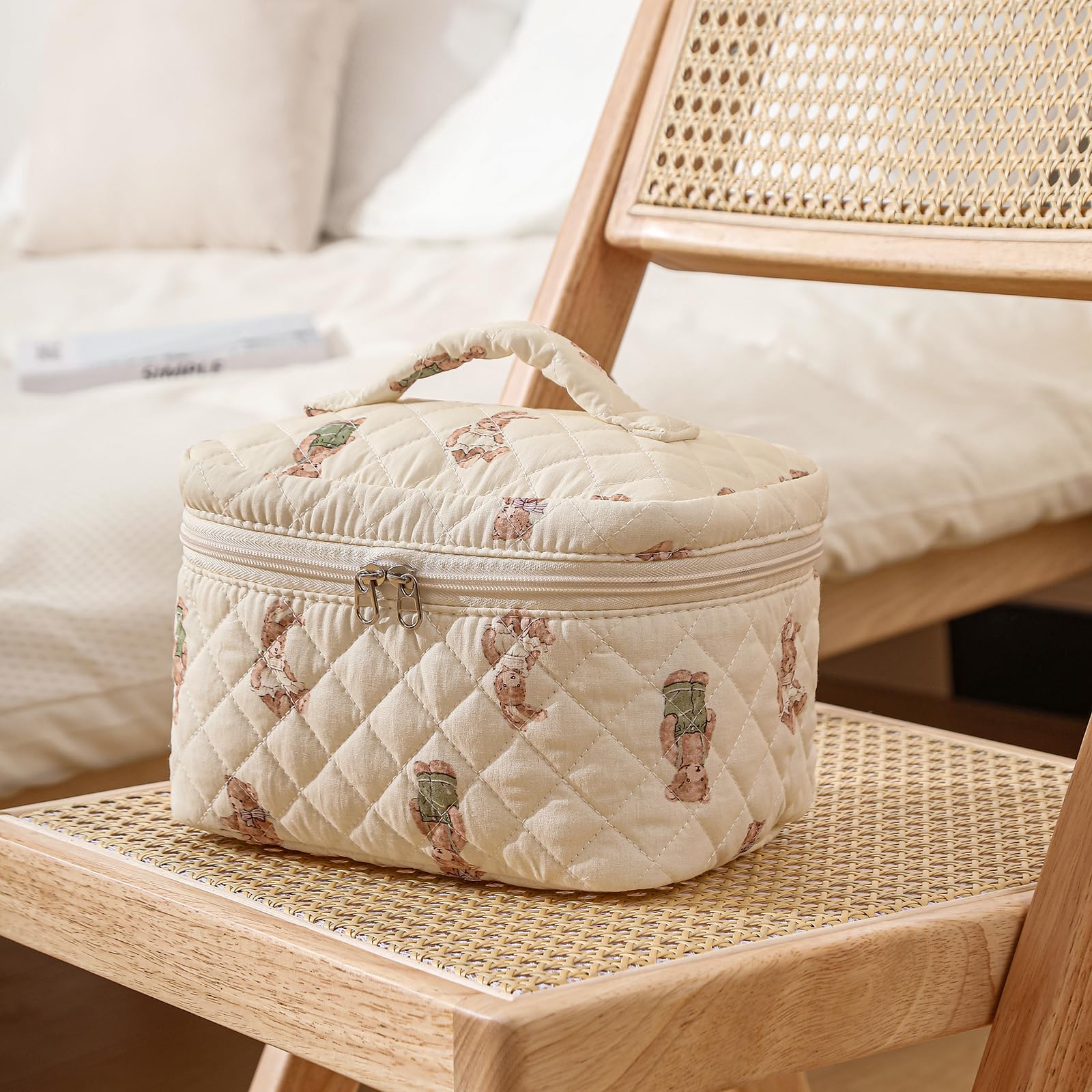 2 Pack Large Floral Quilted Makeup Bags for Women - Cotton Cosmetic Organizer Set, Cute Aesthetic Travel Toiletry Pouch for Makeup Brushes & Skincare Essentials | Perfect for Travel, Gym & Daily Use