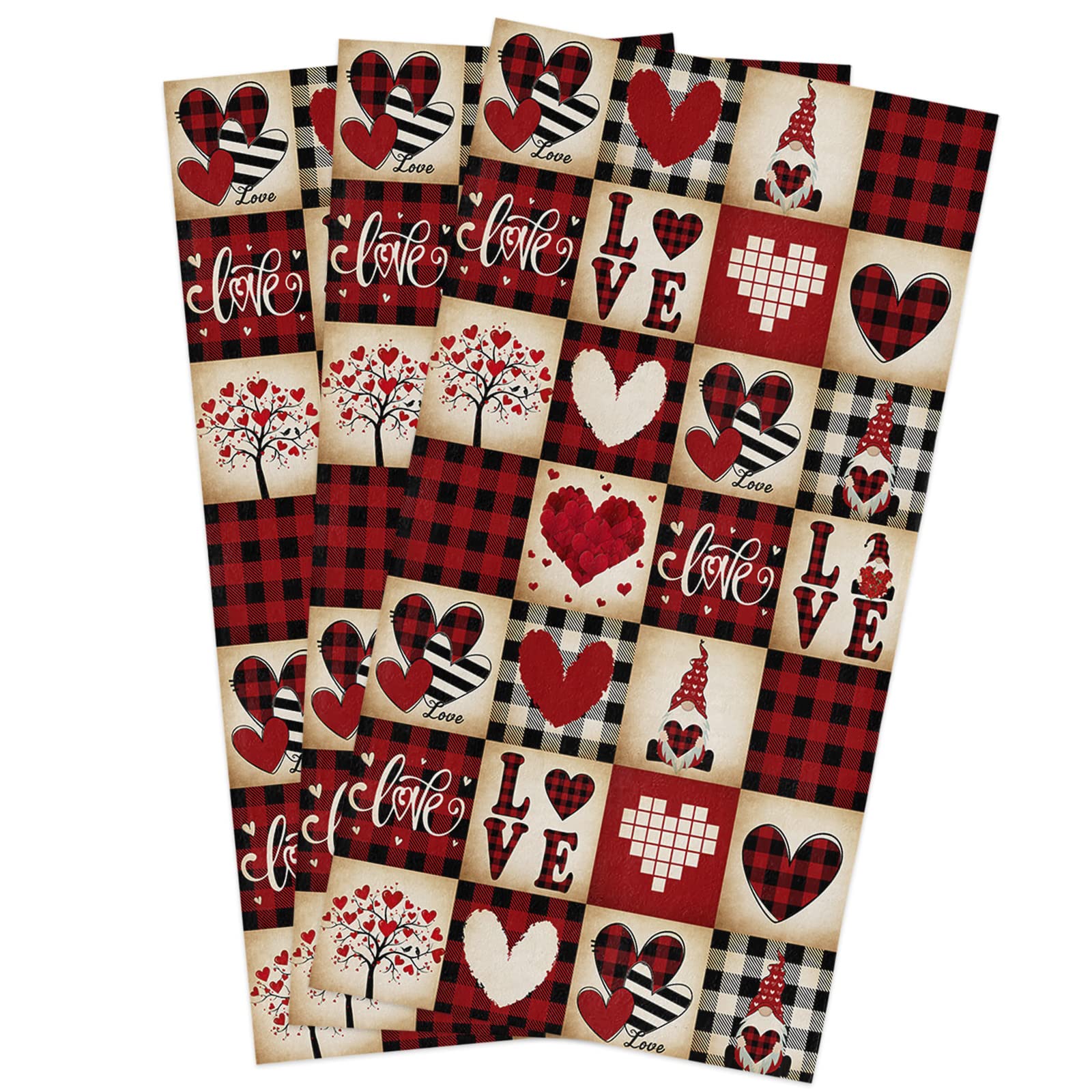 Premium Microfiber Kitchen Towels Set of 3 - Absorbent Dish Towels, Tea Towels & Bar Towels (18x28 Inch) - Valentine's Day Truck Gnome Love Heart Red Black Buffalo Plaid Design - Perfect for Kitchen Cleaning, Drying Dishes & Holiday Decor